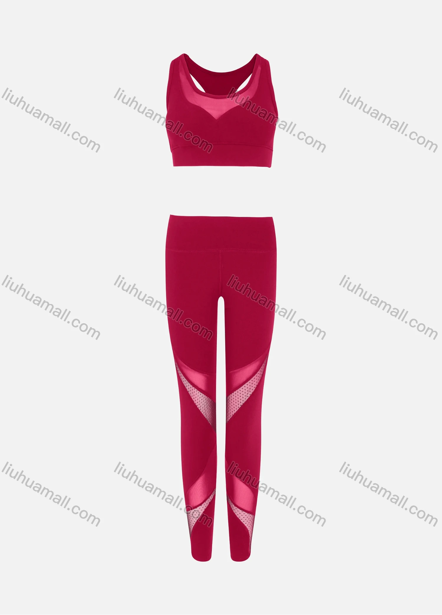 Wholesale Women's Sporty Scoop Neck Racerback Mesh Plain Crop Tank Top & High Waist Long Leggings 2-Piece Set - Liuhuamall