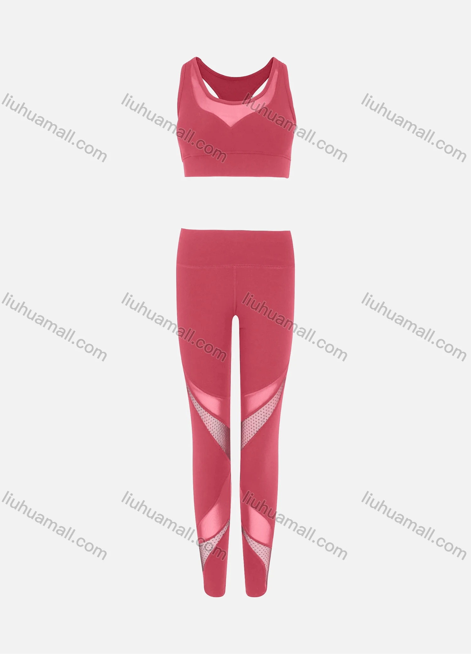 Wholesale Women's Sporty Scoop Neck Racerback Mesh Plain Crop Tank Top & High Waist Long Leggings 2-Piece Set - Liuhuamall