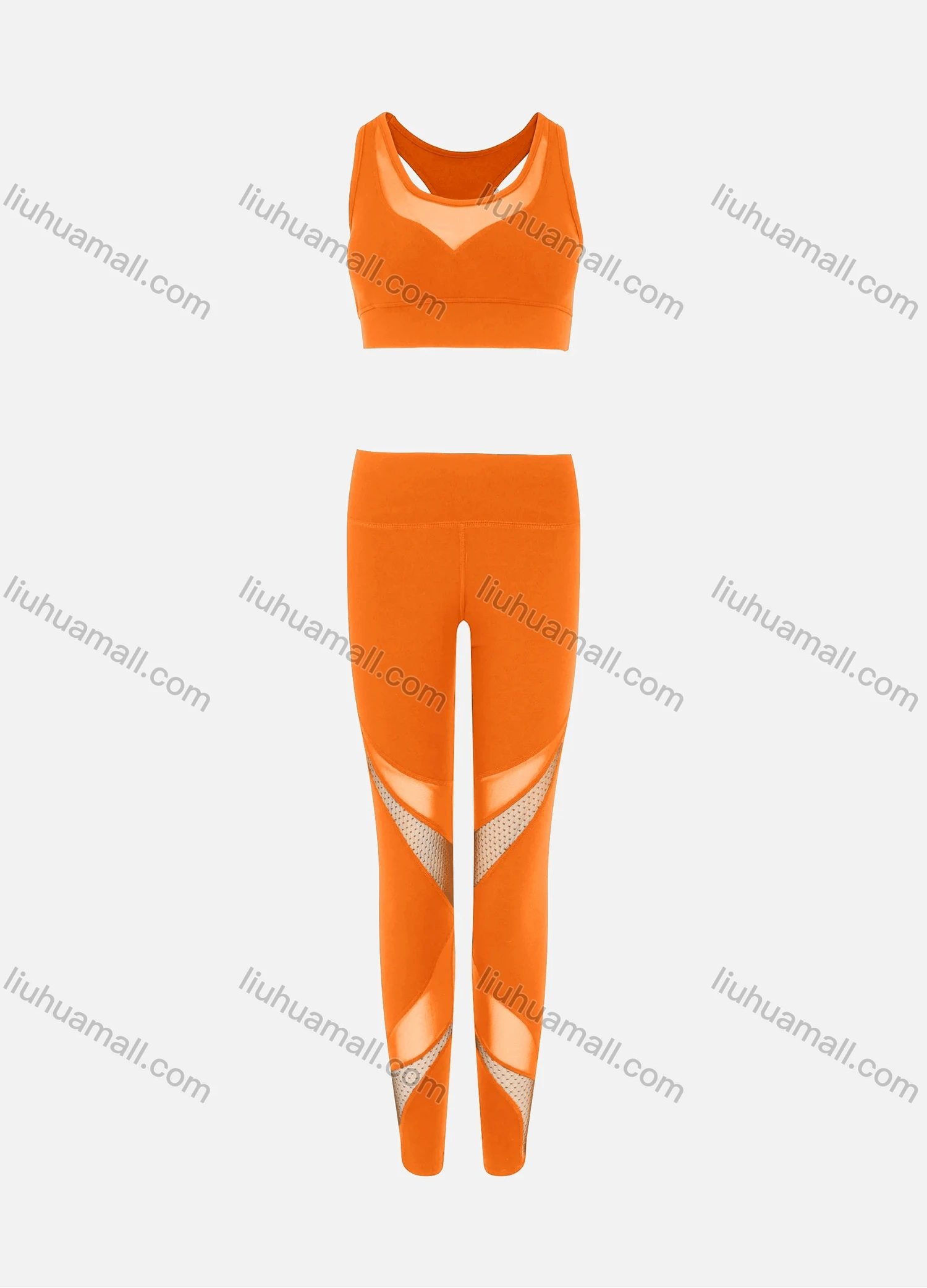 Wholesale Women's Sporty Scoop Neck Racerback Mesh Plain Crop Tank Top & High Waist Long Leggings 2-Piece Set - Liuhuamall