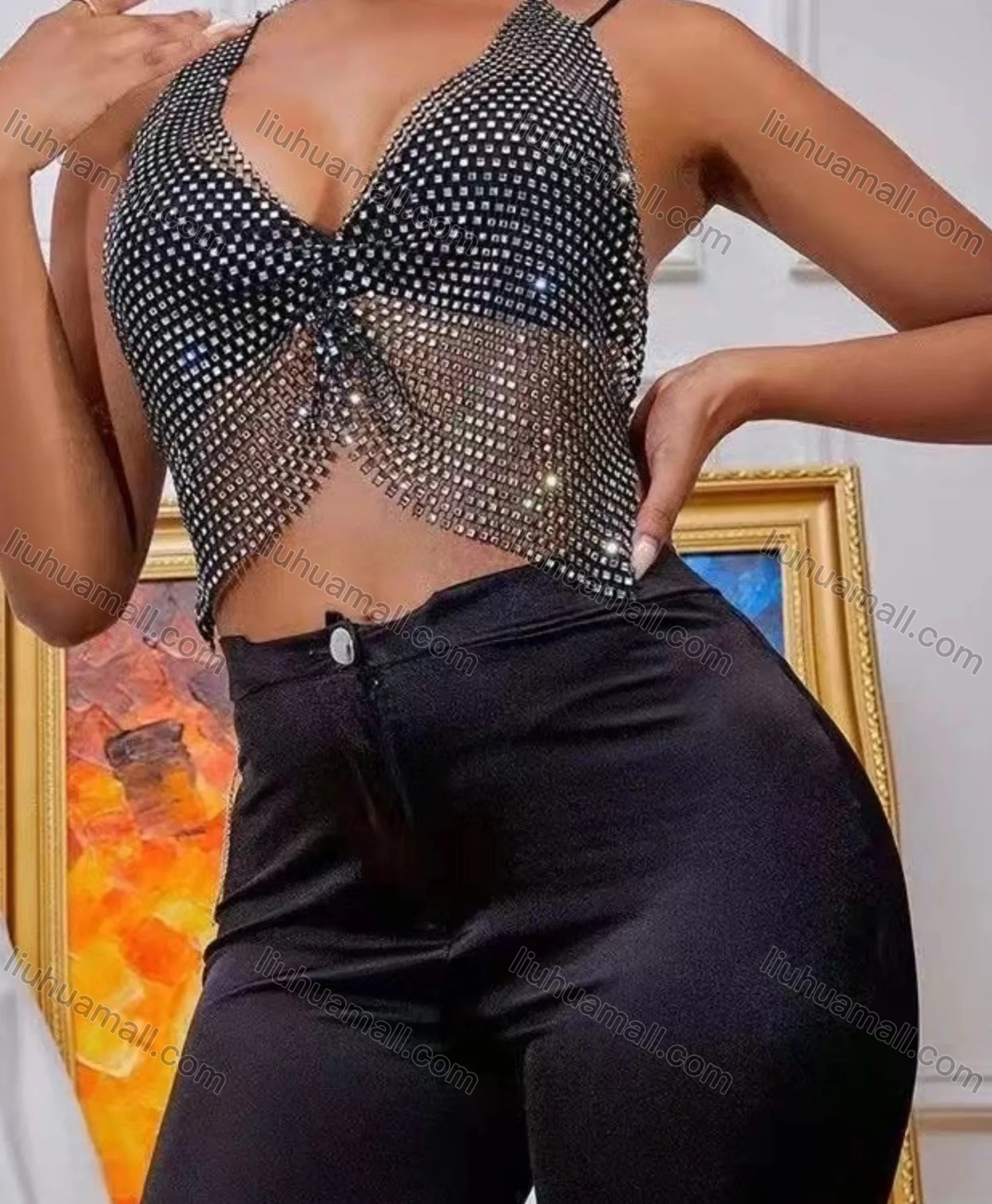 Wholesale Women's Sexy Halter V Neck Diamond Sequin Lace Up Crop Top 8185# - Liuhuamall