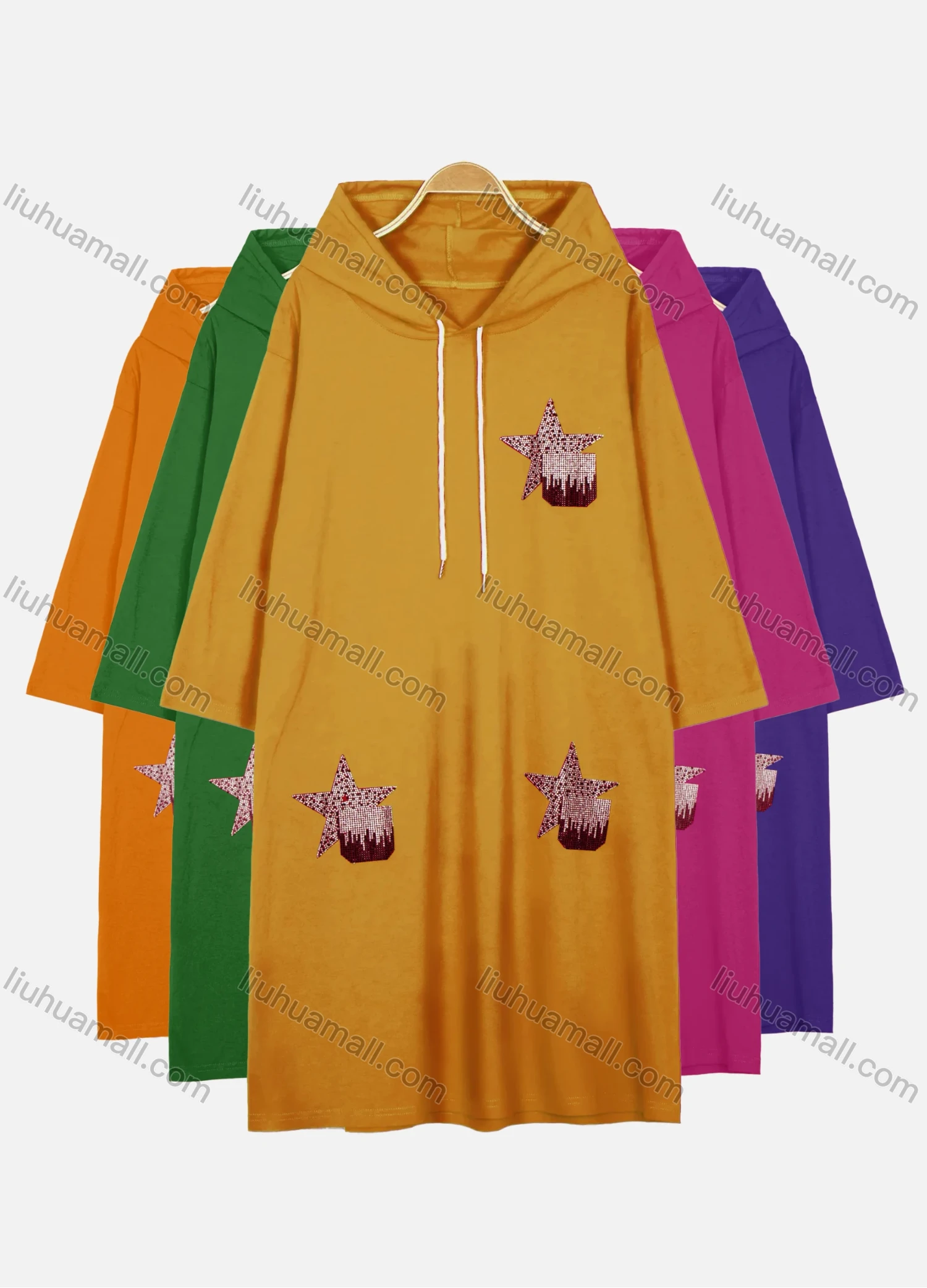 Wholesale Women's Casual Long Sleeve Rhinestone Star Drawstring Hooded Midi Dress - Liuhuamall