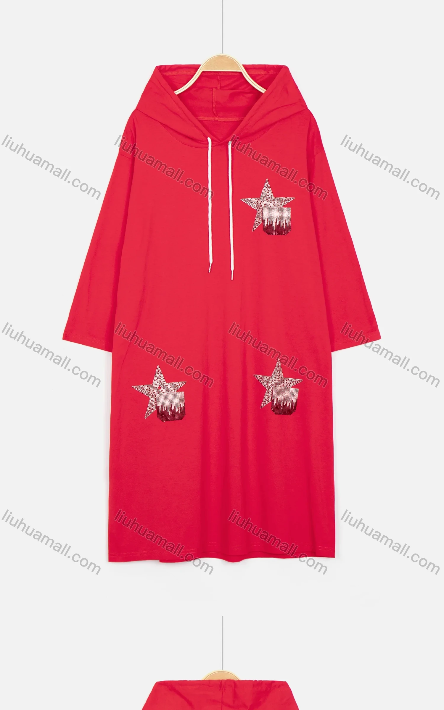 Wholesale Women's Casual Long Sleeve Rhinestone Star Drawstring Hooded Midi Dress - Liuhuamall