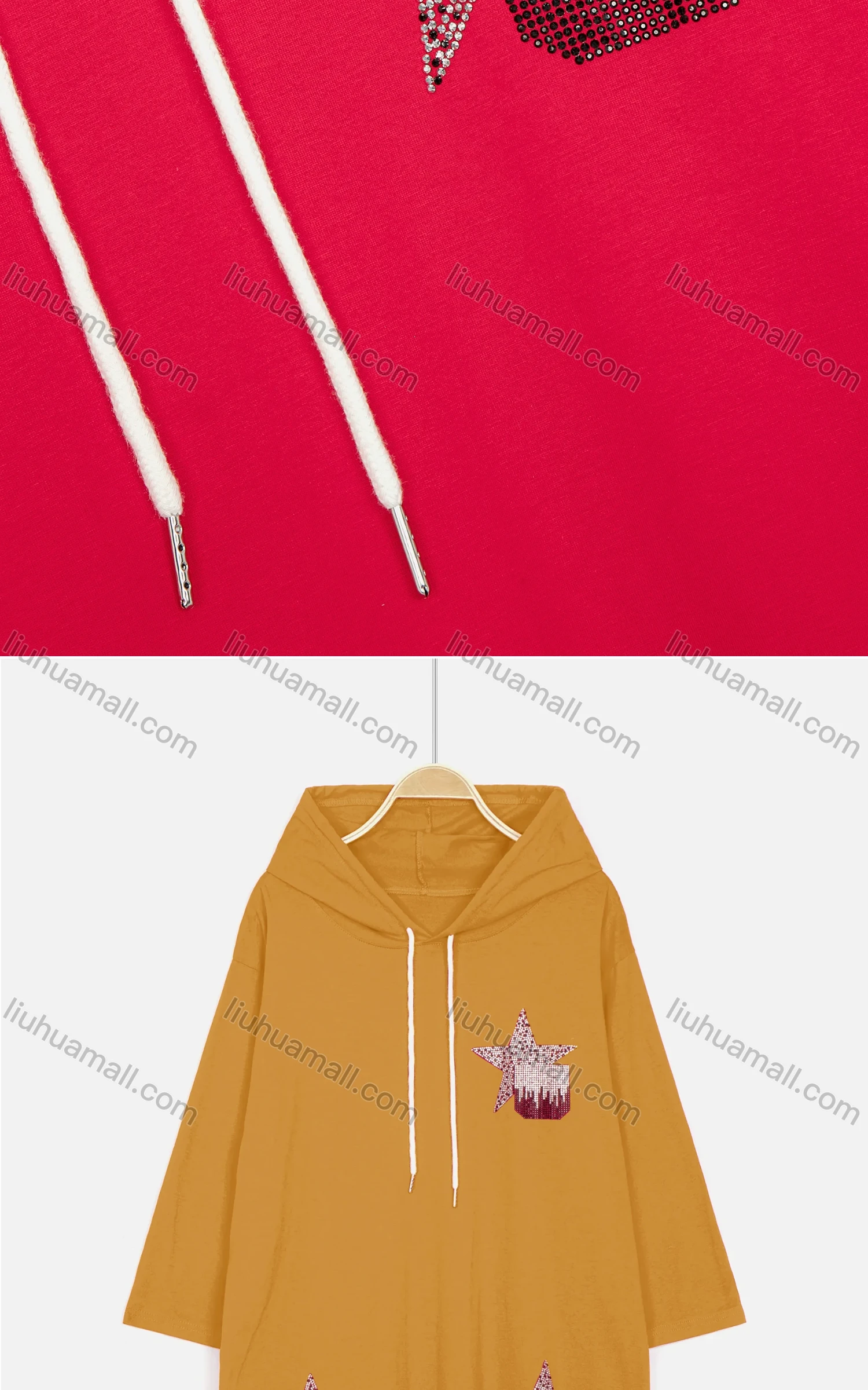 Wholesale Women's Casual Long Sleeve Rhinestone Star Drawstring Hooded Midi Dress - Liuhuamall