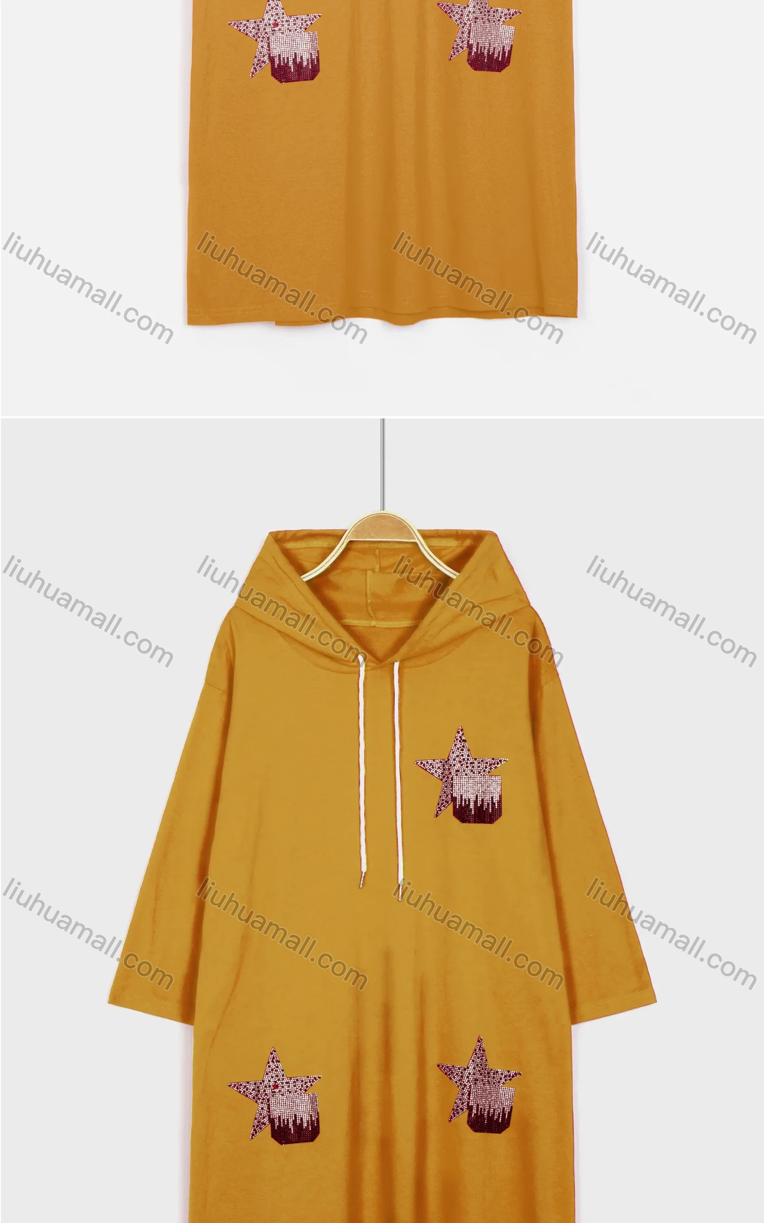 Wholesale Women's Casual Long Sleeve Rhinestone Star Drawstring Hooded Midi Dress - Liuhuamall