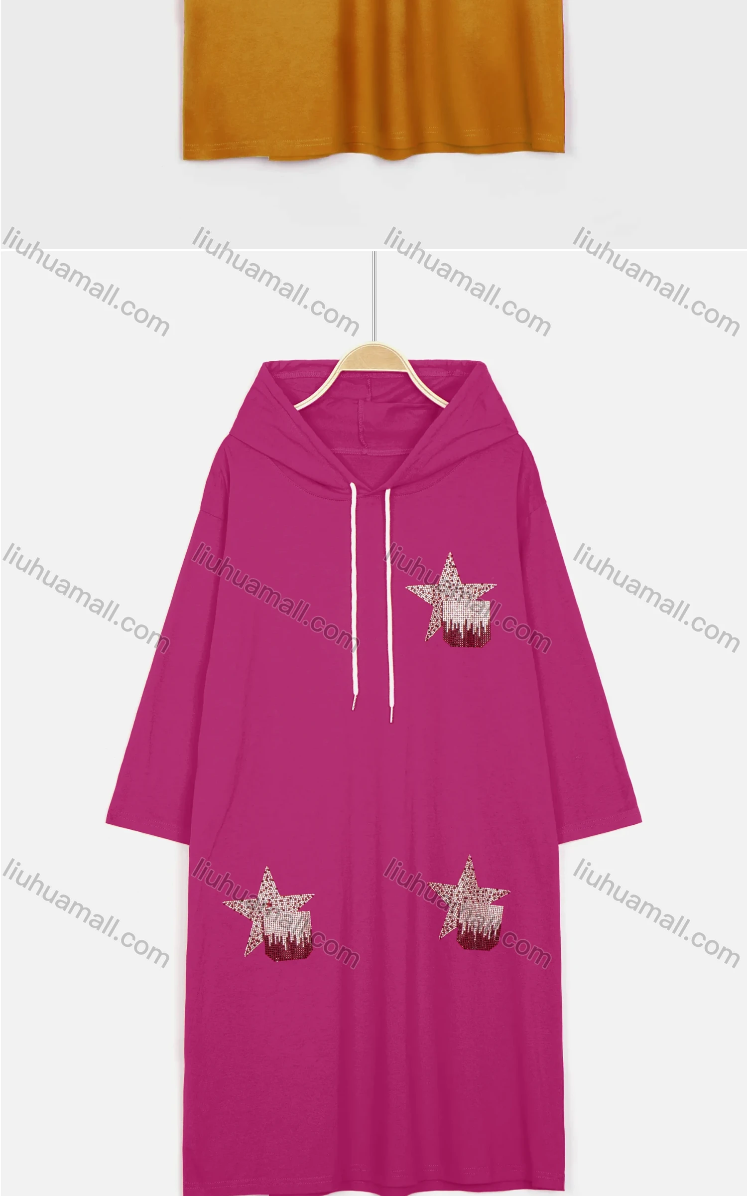 Wholesale Women's Casual Long Sleeve Rhinestone Star Drawstring Hooded Midi Dress - Liuhuamall