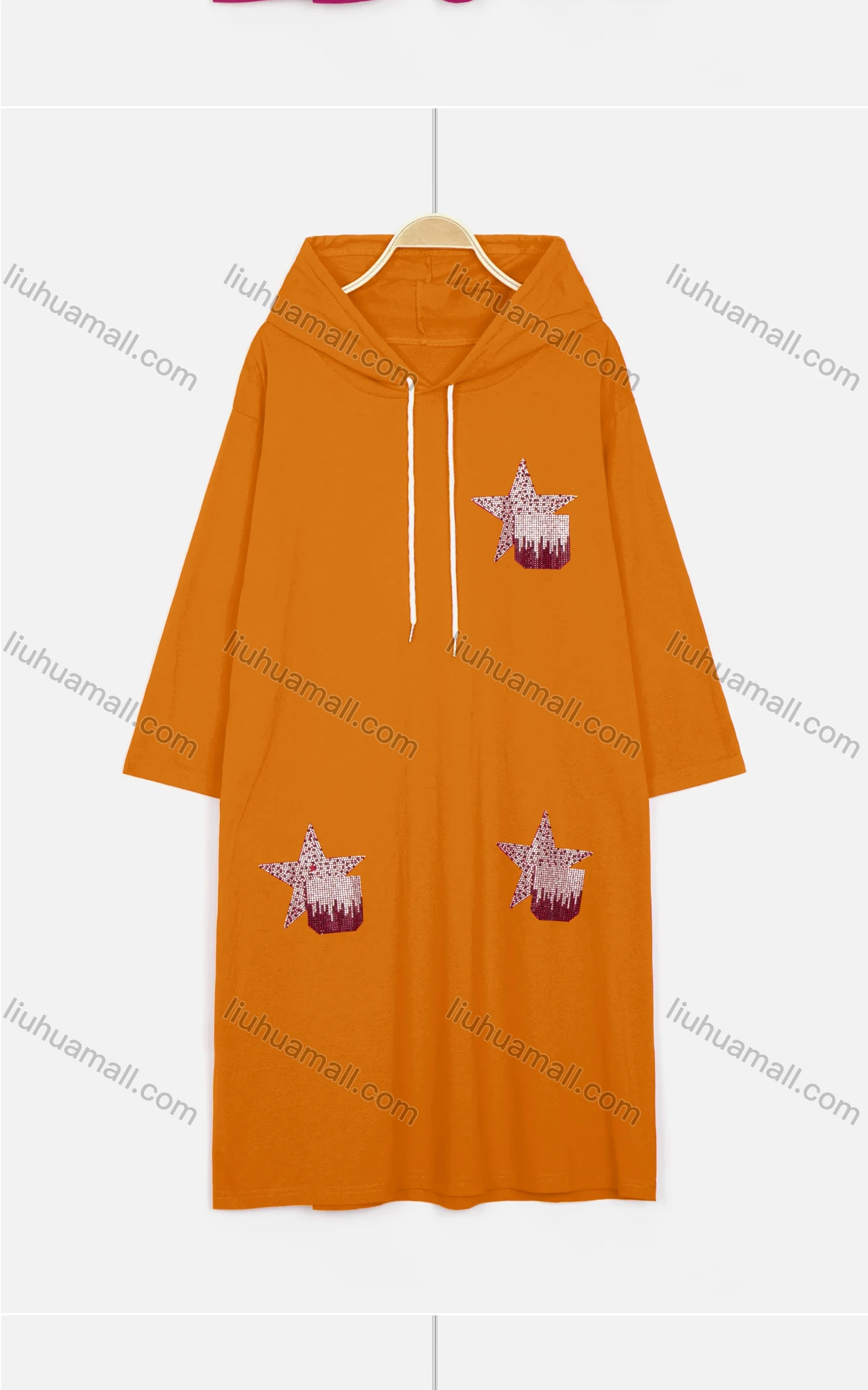 Wholesale Women's Casual Long Sleeve Rhinestone Star Drawstring Hooded Midi Dress - Liuhuamall