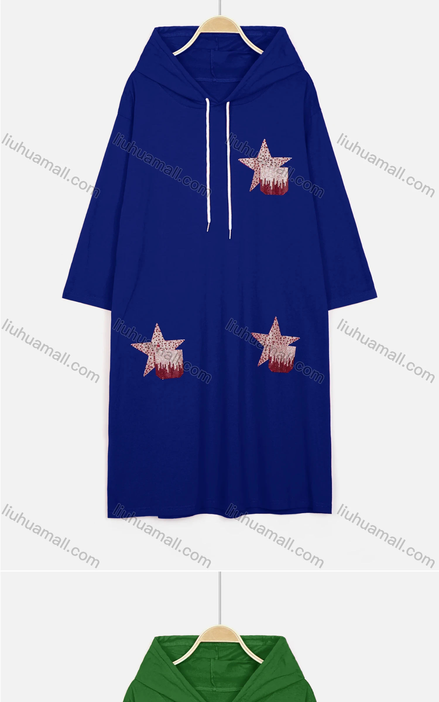Wholesale Women's Casual Long Sleeve Rhinestone Star Drawstring Hooded Midi Dress - Liuhuamall