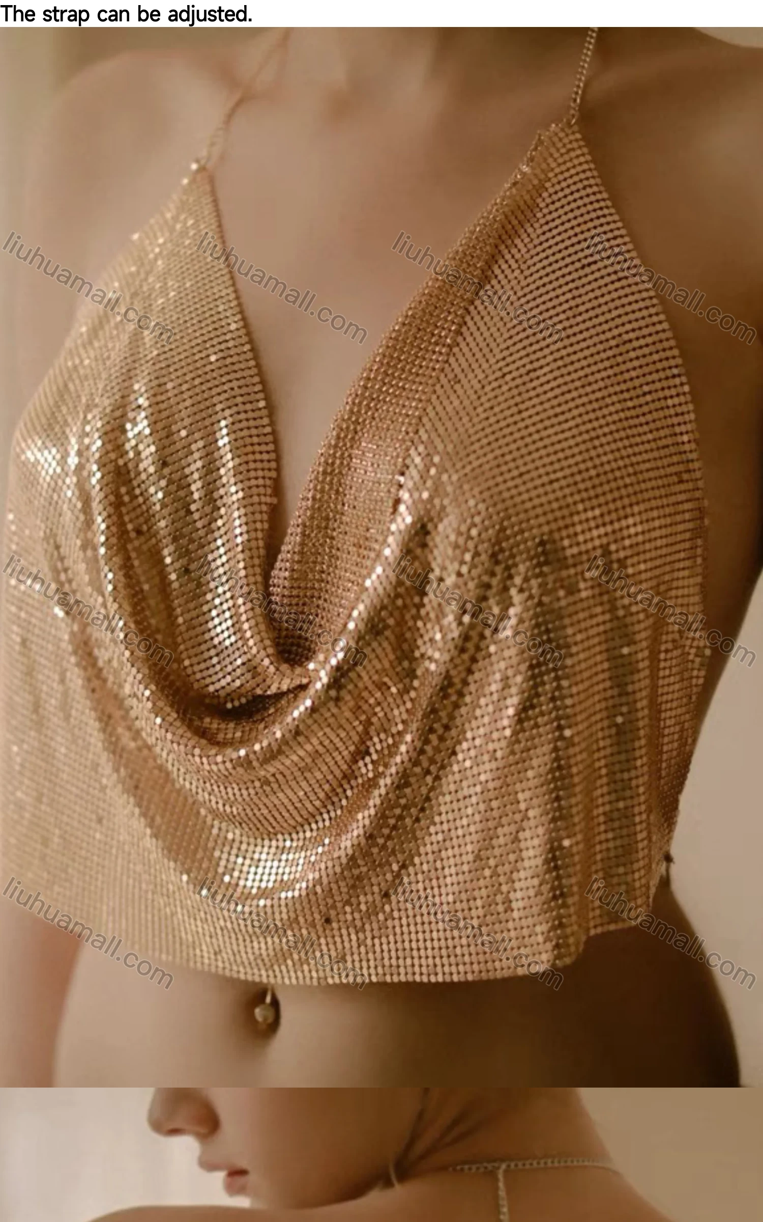 Wholesale Women's Halter Cowl Neck Metal Sequin Plain Sexy Crop Top 4643# - Liuhuamall