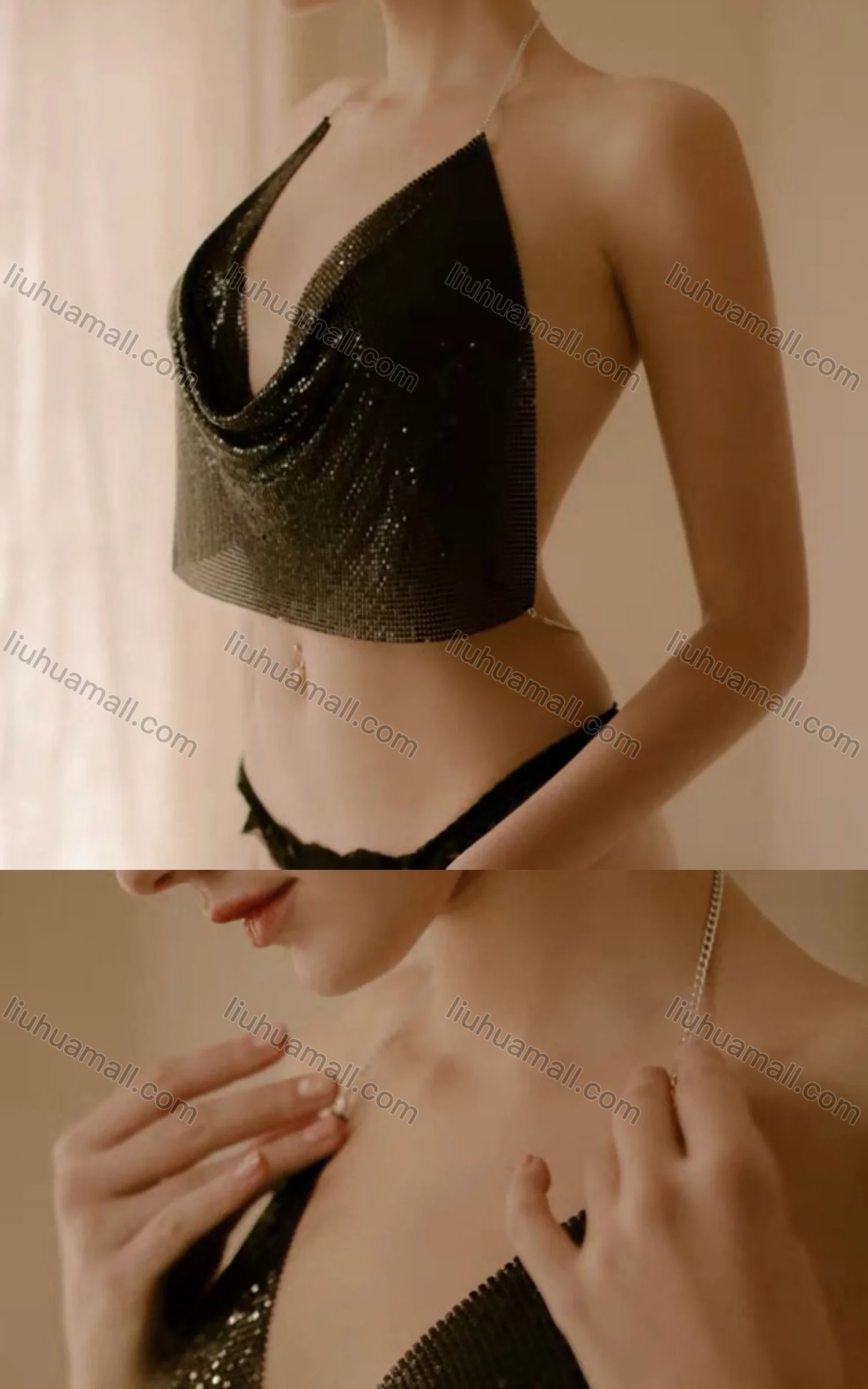 Wholesale Women's Halter Cowl Neck Metal Sequin Plain Sexy Crop Top 4643# - Liuhuamall