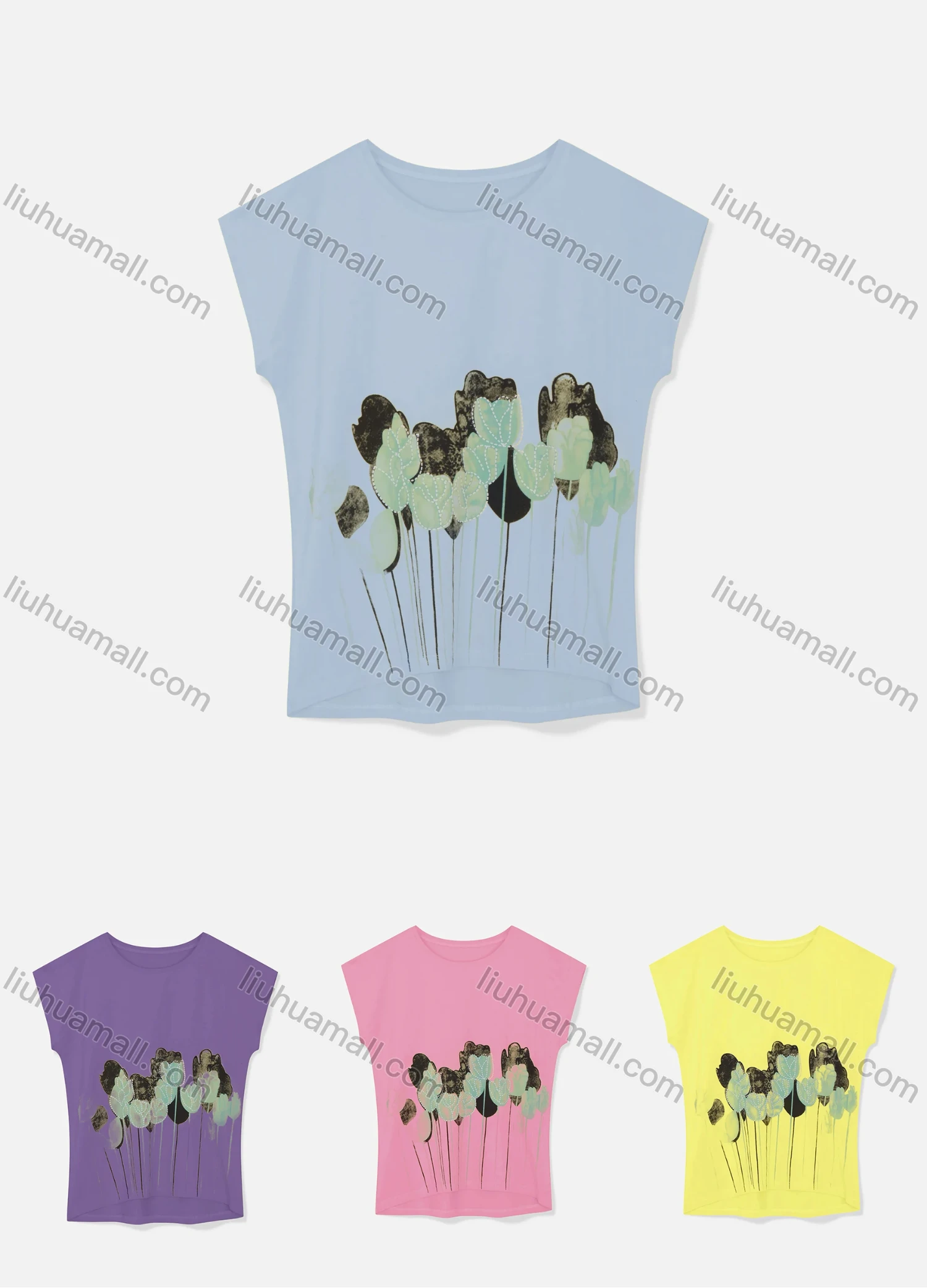 Wholesale Women's Casual Crew Neck Cap Sleeve Floral Tops 771626# - Liuhuamall