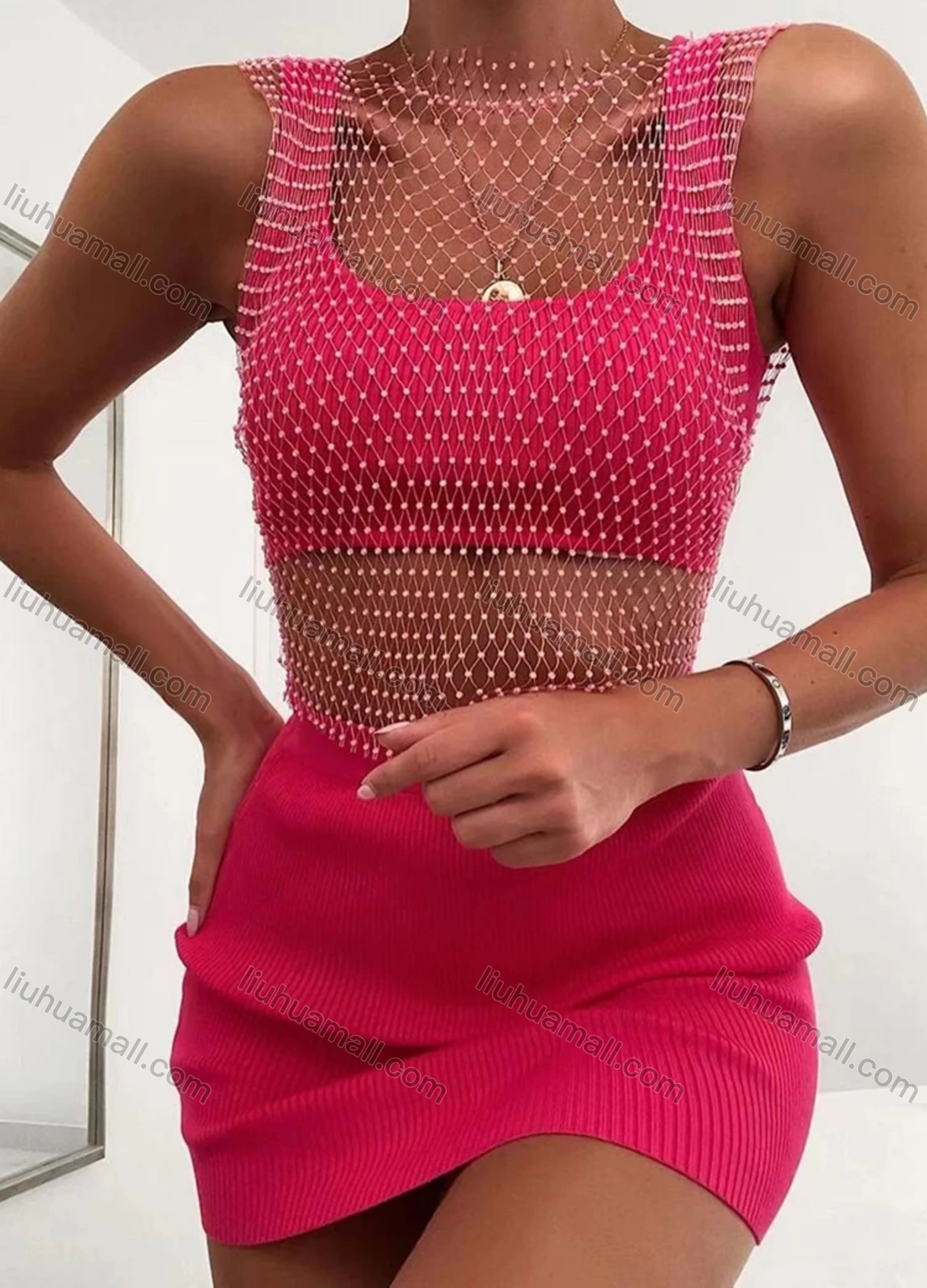 Wholesale Women's Sexy Elastic Fishnet Diamond Decor Plain Crop Cover Up Top - Liuhuamall