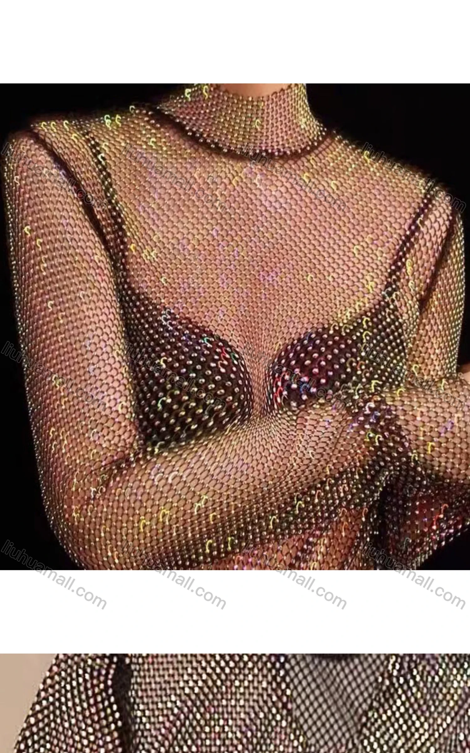 Wholesale Women's Sexy High-Neck Long Sleeve Elastic Fishnet Iron Driling Plain Cover Up Top 7948# - Liuhuamall
