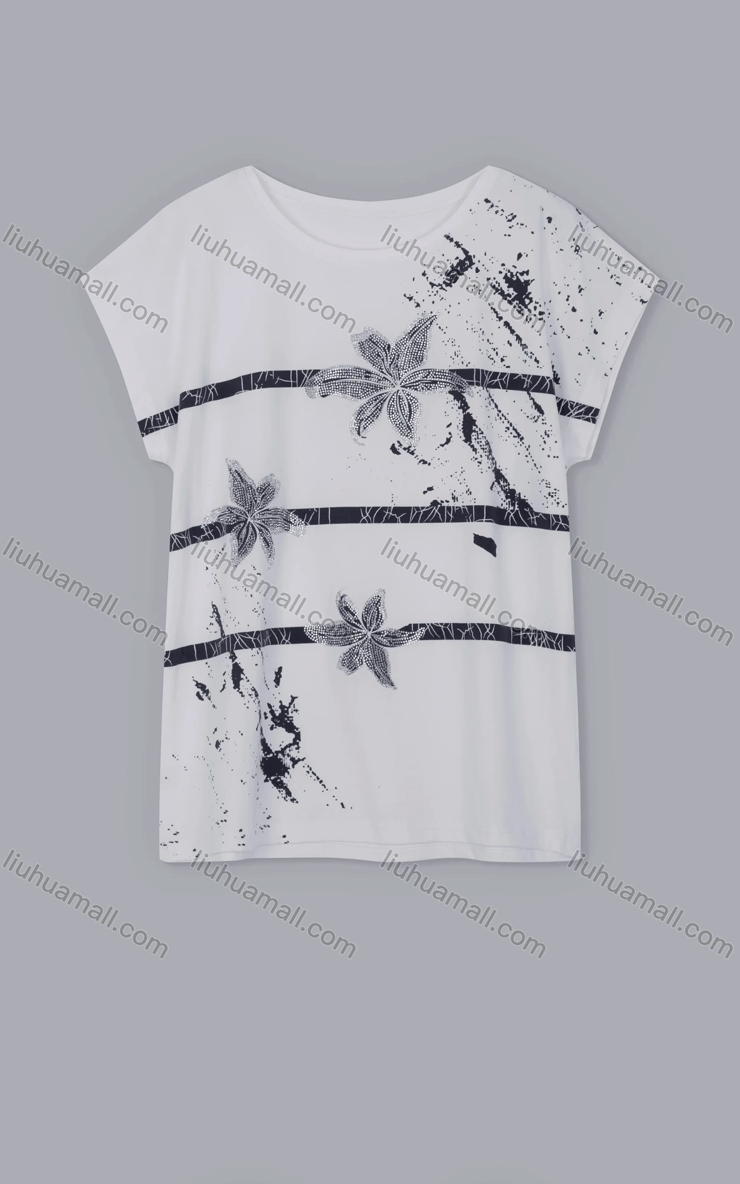Wholesale Women's Casual Crew Neck Short Sleeve Rhinestone Ink Splash Print Tops 882372# - Liuhuamall