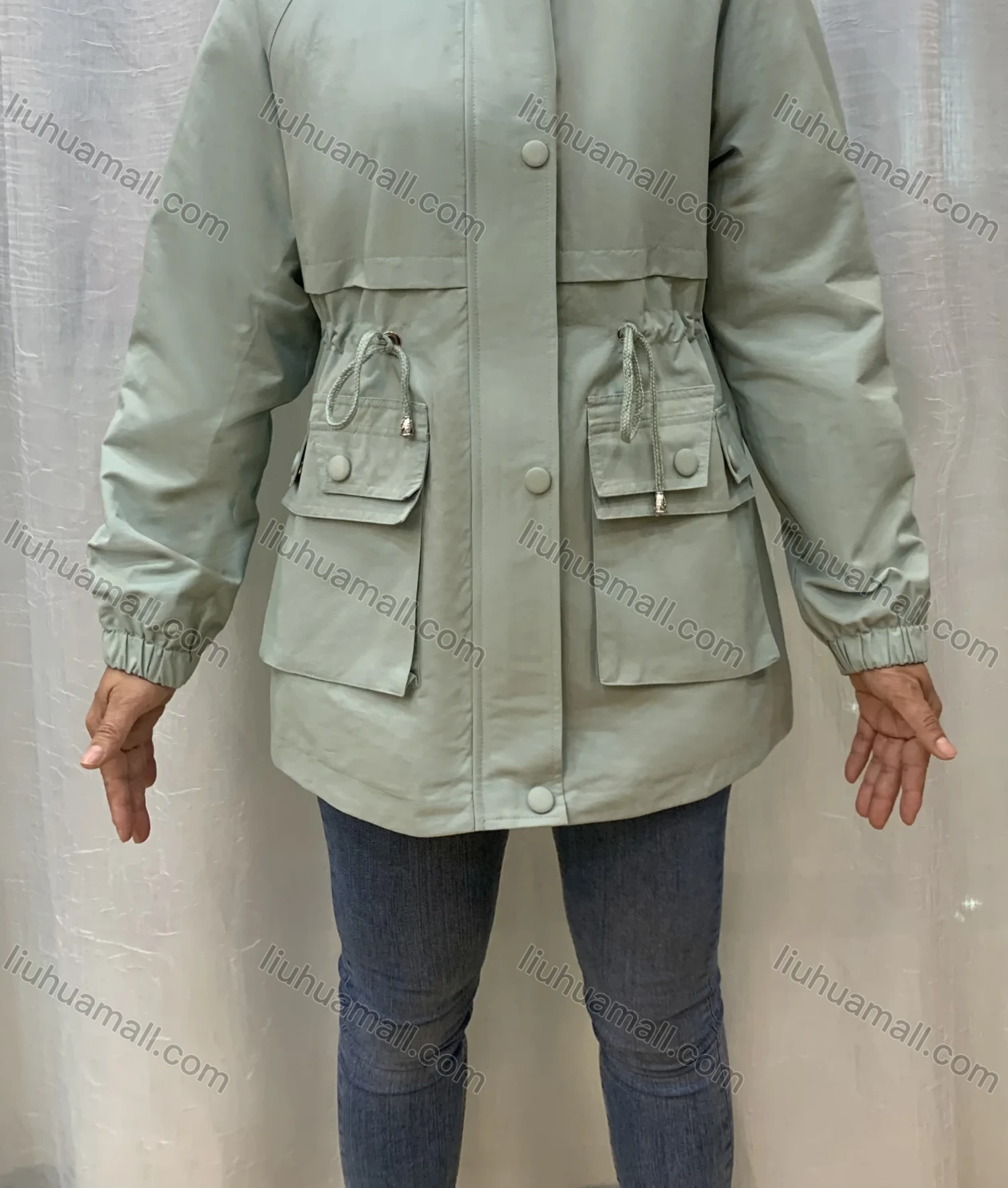 Wholesale Women's Casual Hooded Buttons Drawstring Flap Pockets Plain Coat - Liuhuamall