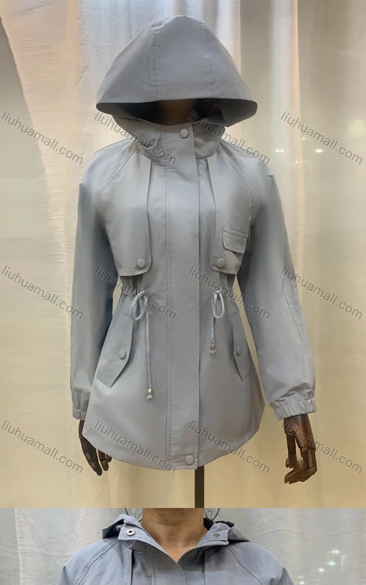 Wholesale Women's Hooded Buttons Drawstring Pockets Plain Casual Coat - Liuhuamall