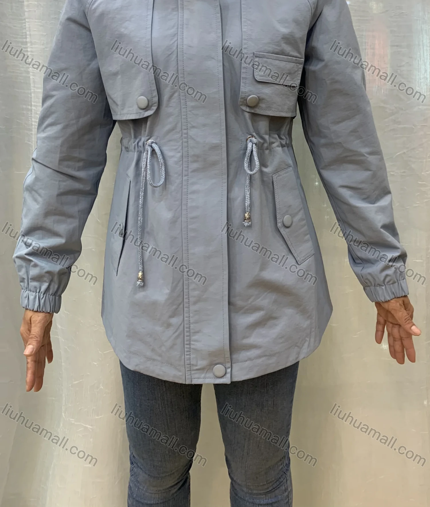 Wholesale Women's Hooded Buttons Drawstring Pockets Plain Casual Coat - Liuhuamall