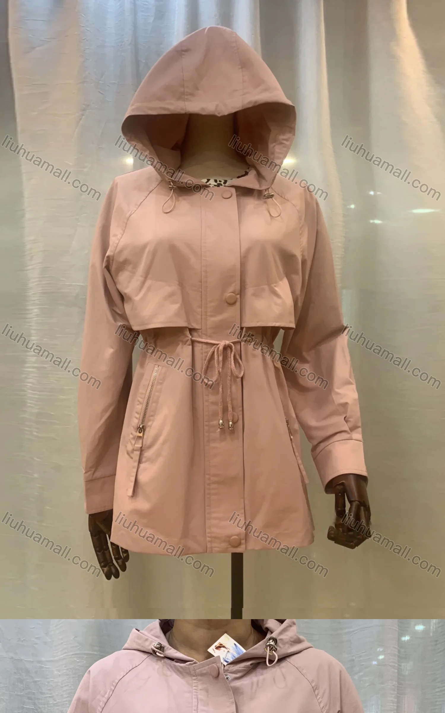 Wholesale Women's Casual Hooded Buttons Drawstring Zipper Pockets Plain Coat - Liuhuamall