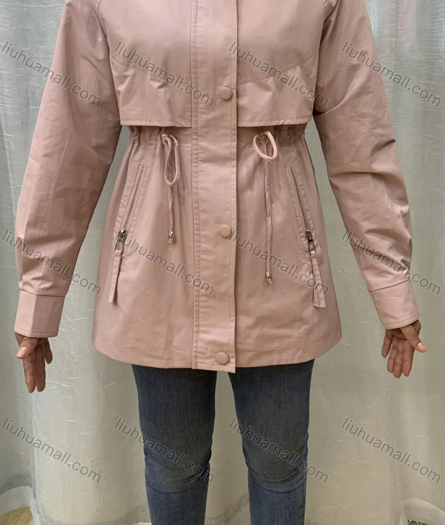Wholesale Women's Casual Hooded Buttons Drawstring Zipper Pockets Plain Coat - Liuhuamall