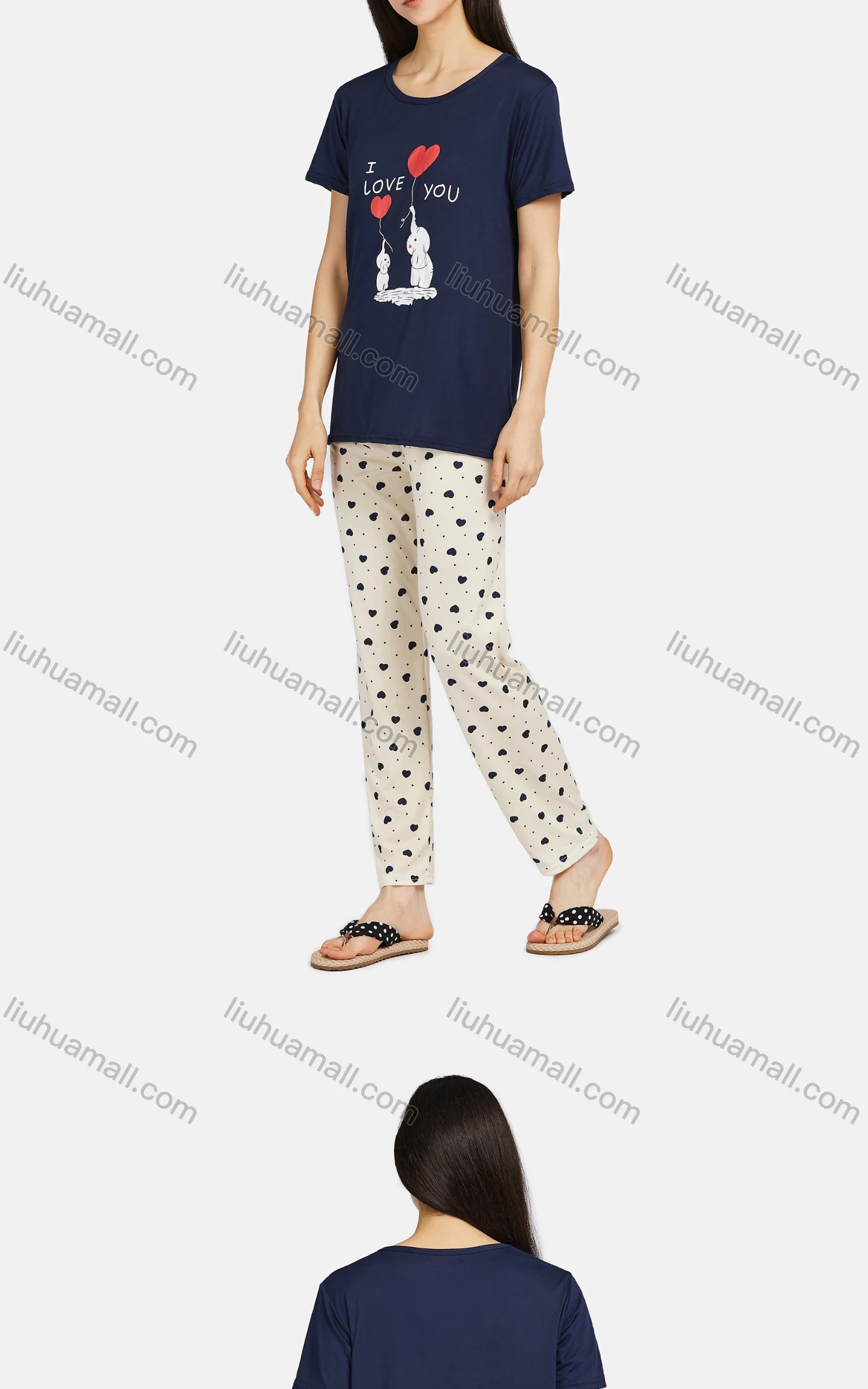 Wholesale Women's Lounge Soft Short Sleeve Cartoon Print T-shirt & Heart Print Pant Pajama Sets - Liuhuamall