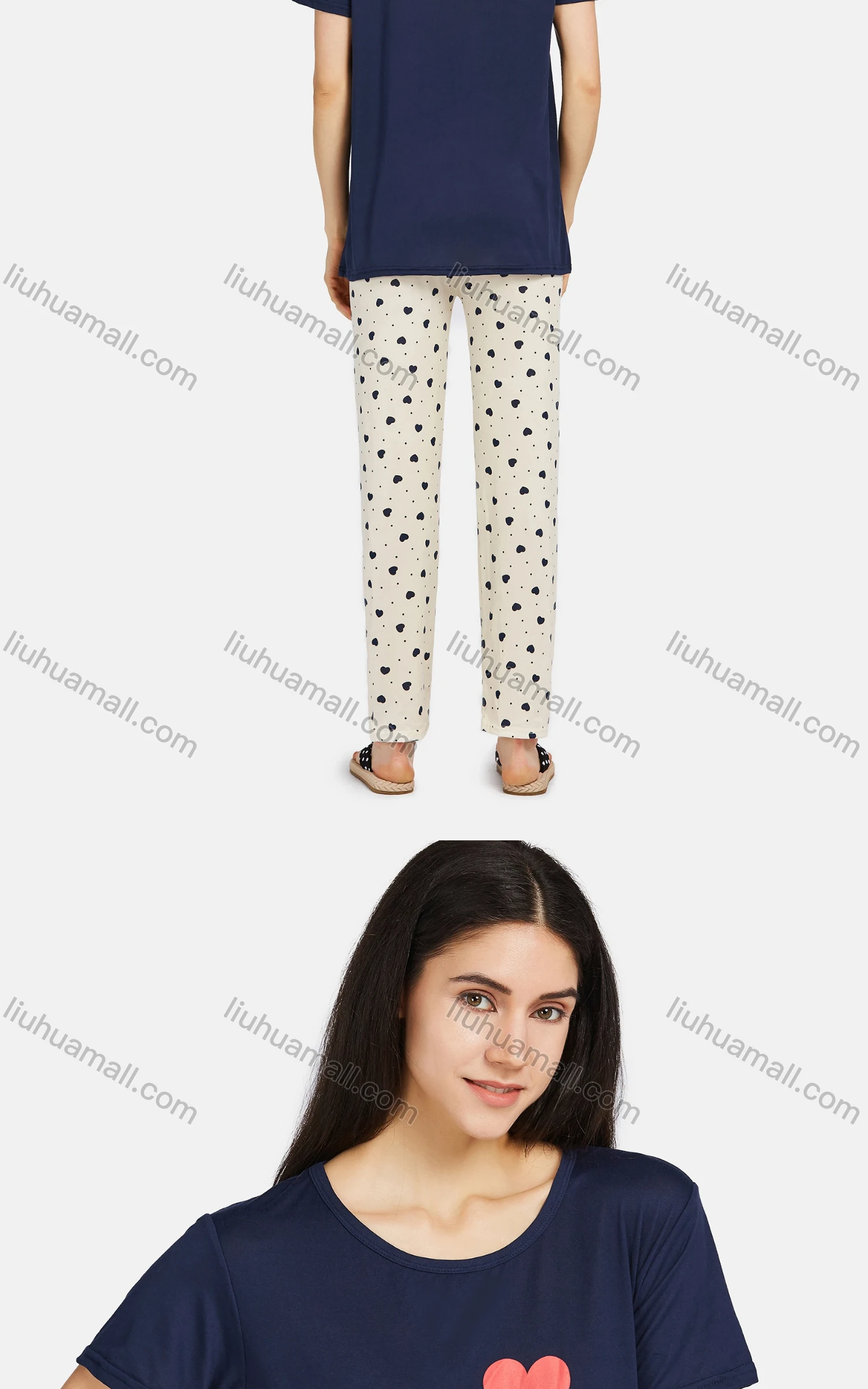 Wholesale Women's Lounge Soft Short Sleeve Cartoon Print T-shirt & Heart Print Pant Pajama Sets - Liuhuamall