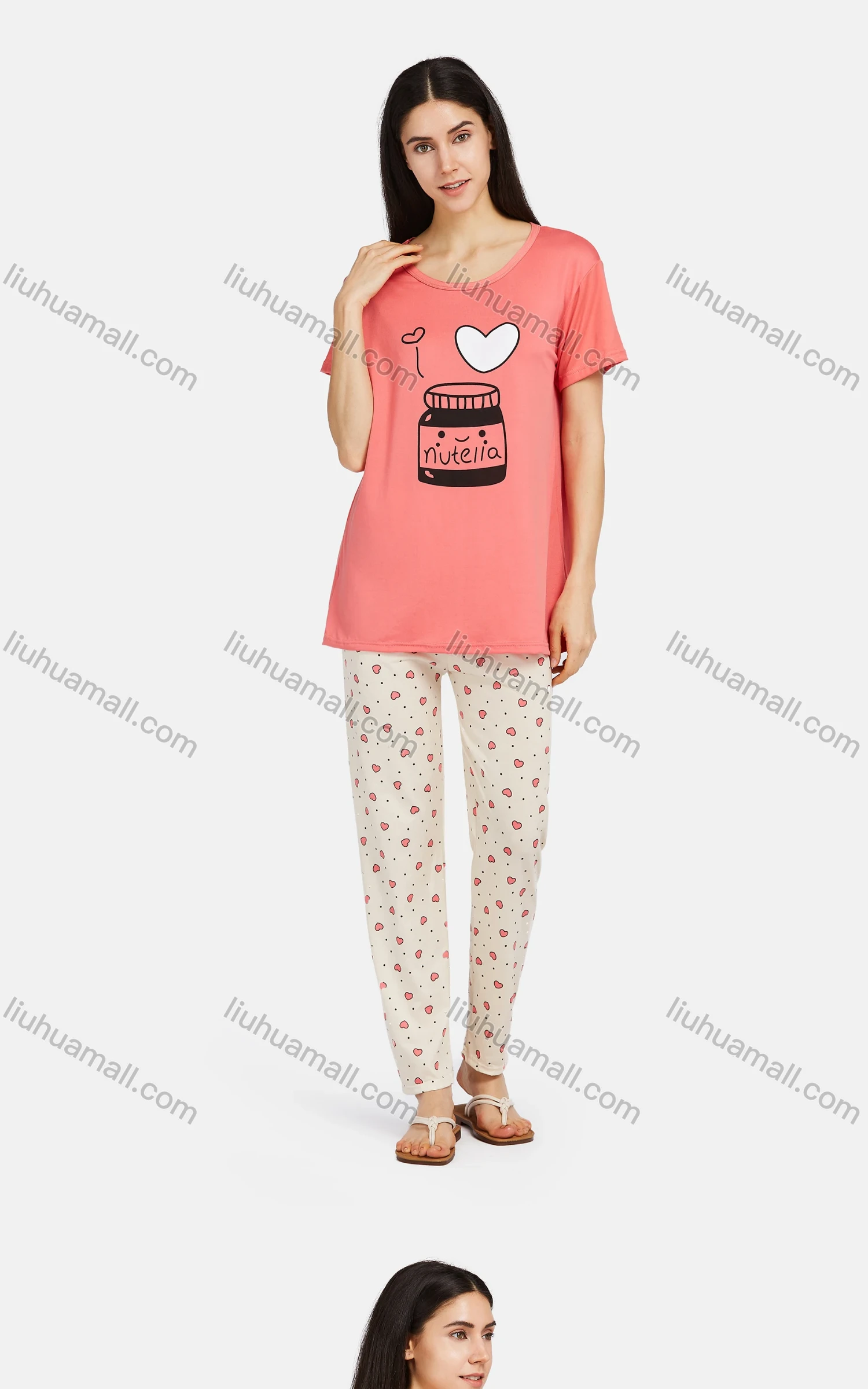 Wholesale Women's Comfy Lounge Short Sleeve Cartoon Print T-shirt & Heart Print Pant Pajama Sets - Liuhuamall