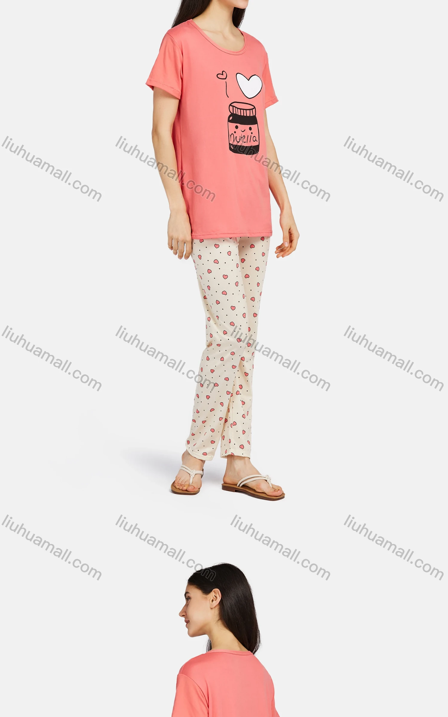 Wholesale Women's Comfy Lounge Short Sleeve Cartoon Print T-shirt & Heart Print Pant Pajama Sets - Liuhuamall