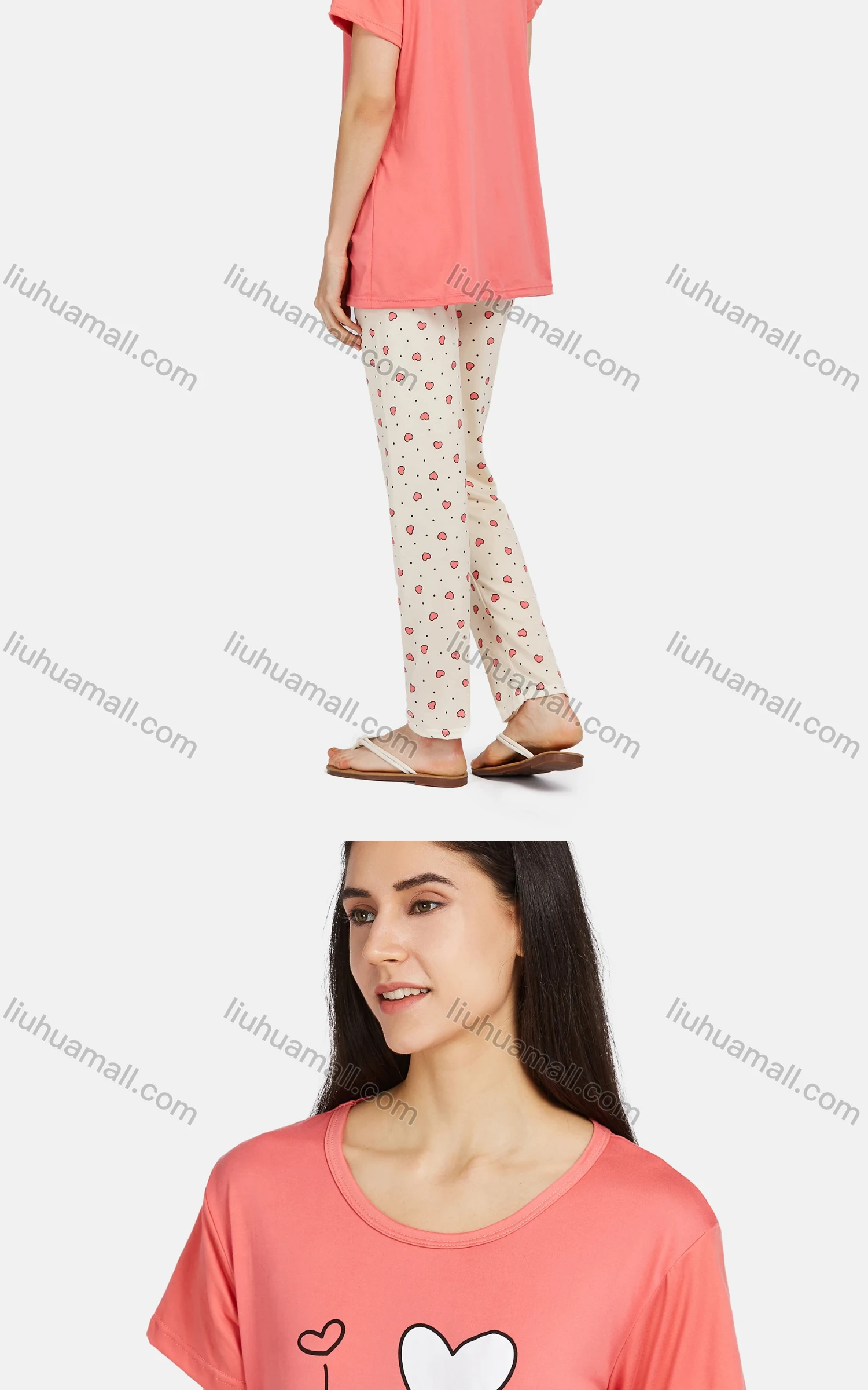 Wholesale Women's Comfy Lounge Short Sleeve Cartoon Print T-shirt & Heart Print Pant Pajama Sets - Liuhuamall