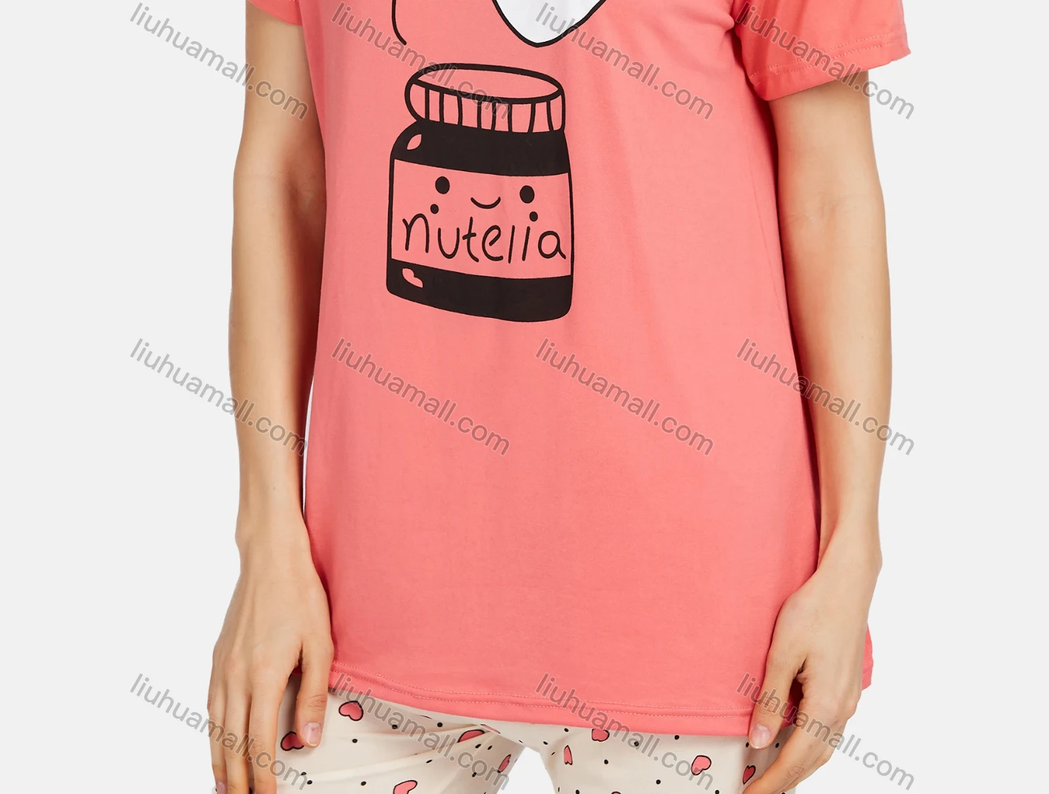 Wholesale Women's Comfy Lounge Short Sleeve Cartoon Print T-shirt & Heart Print Pant Pajama Sets - Liuhuamall