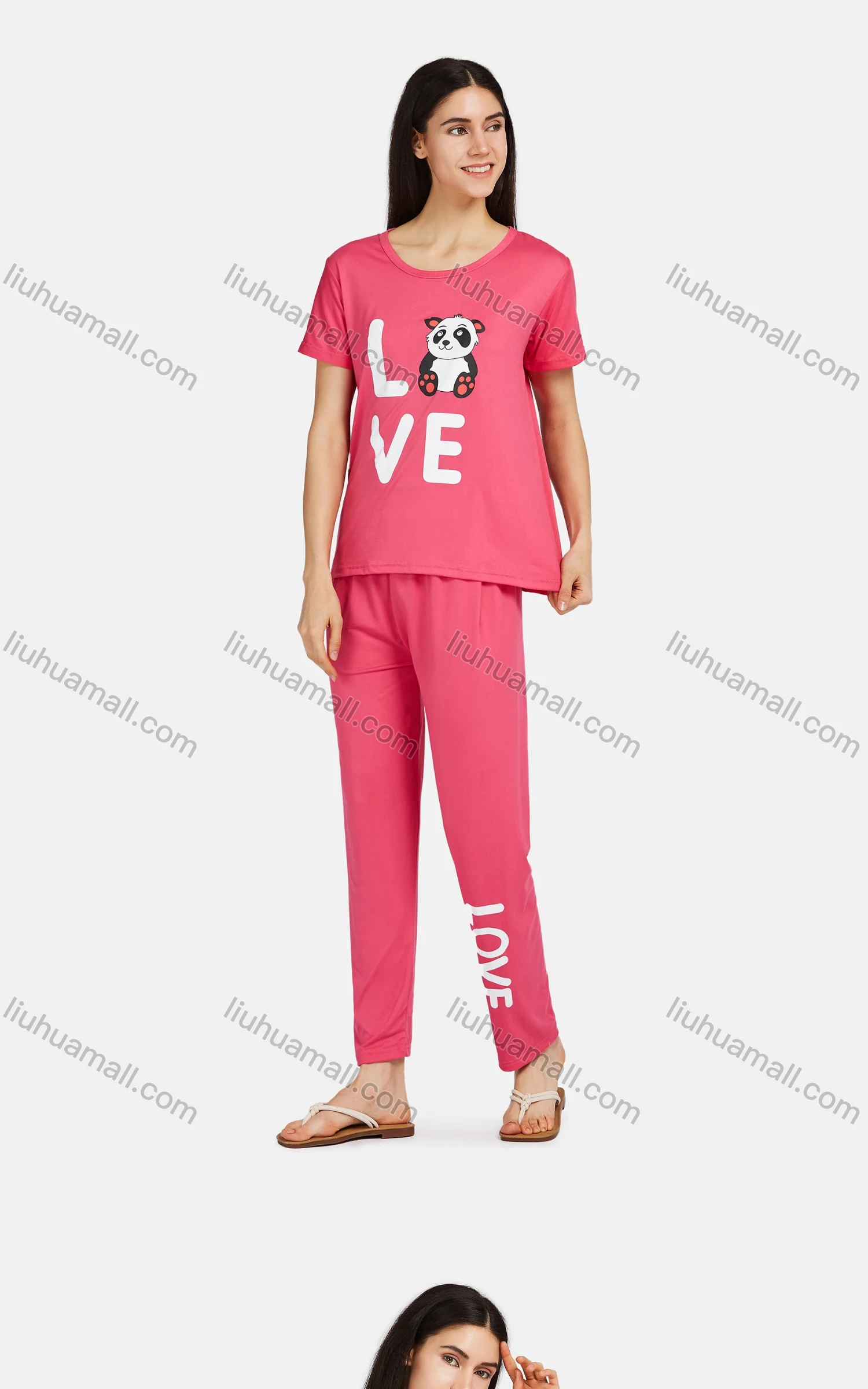 Wholesale Women's Lounge Comfy Short Sleeve Letter Panda Graphic T-shirt & Pant Pajama Sets - Liuhuamall