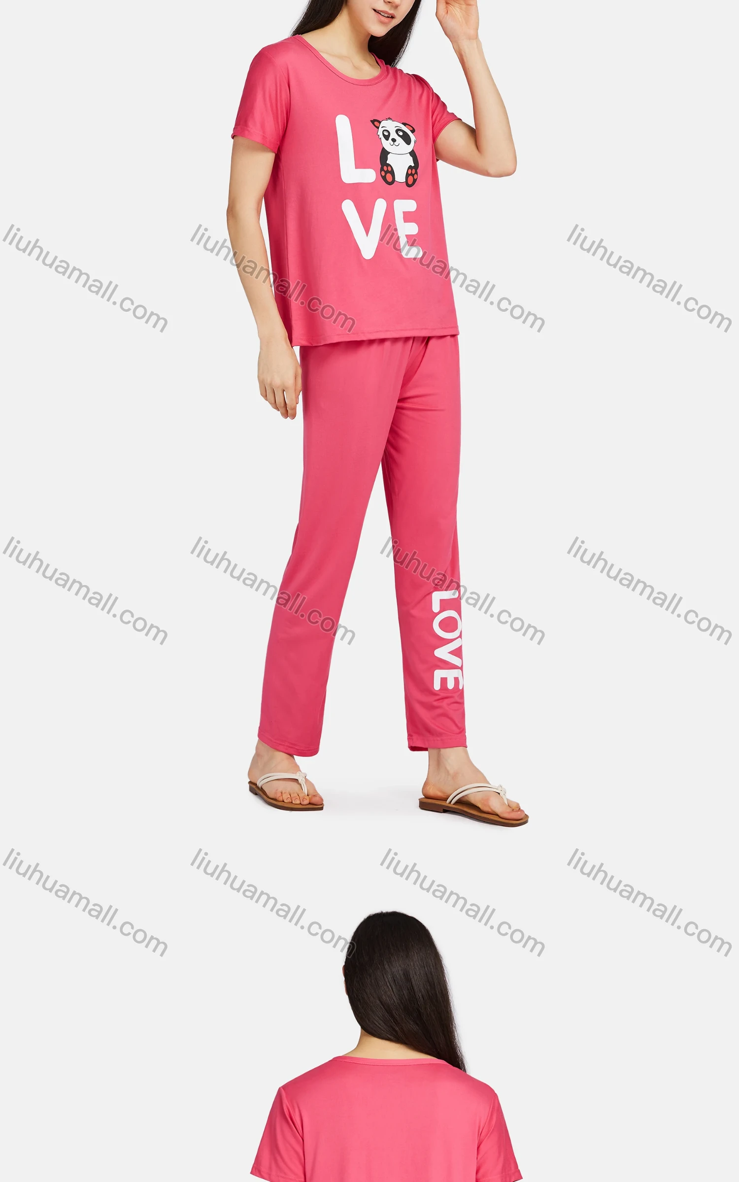 Wholesale Women's Lounge Comfy Short Sleeve Letter Panda Graphic T-shirt & Pant Pajama Sets - Liuhuamall