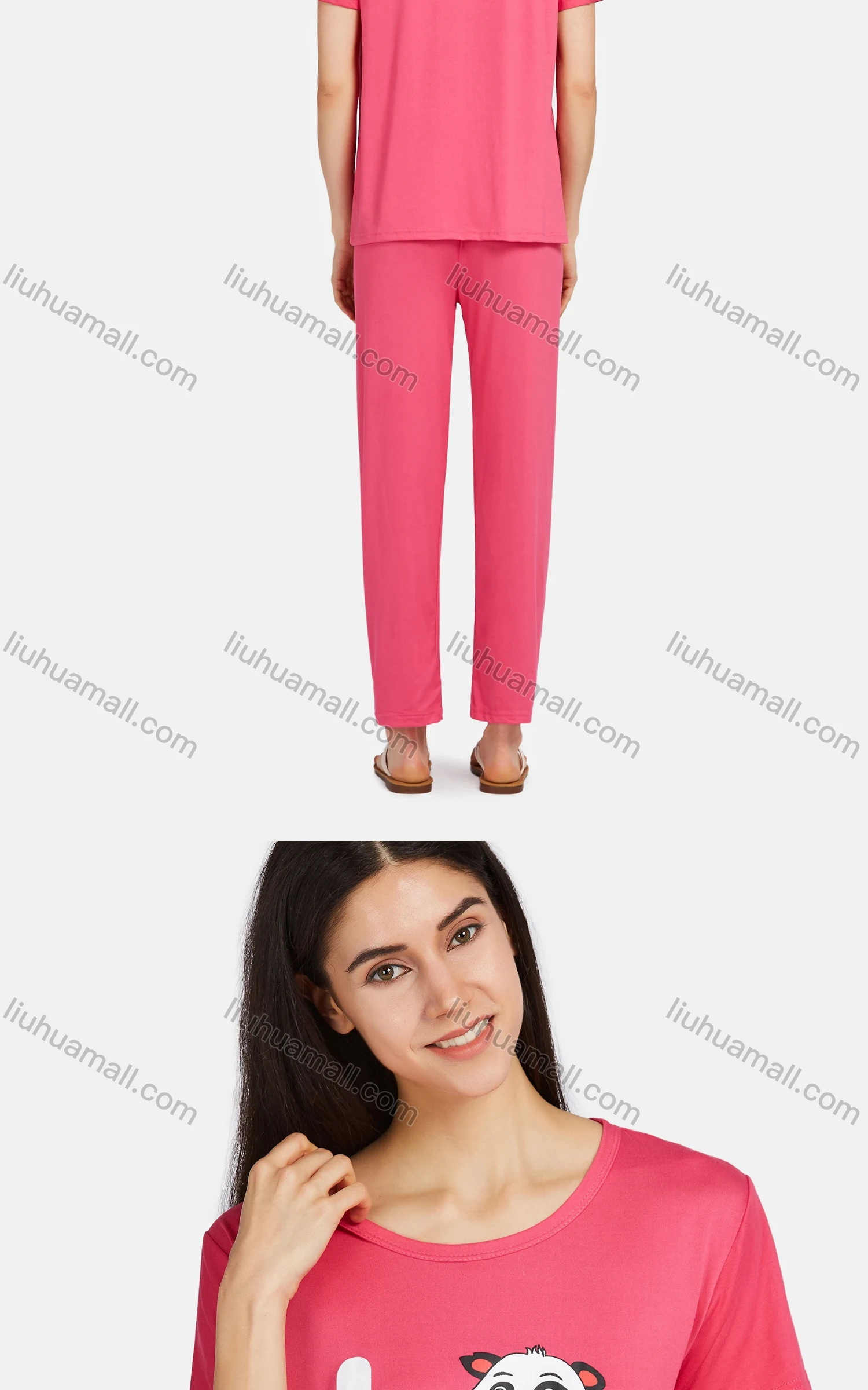 Wholesale Women's Lounge Comfy Short Sleeve Letter Panda Graphic T-shirt & Pant Pajama Sets - Liuhuamall