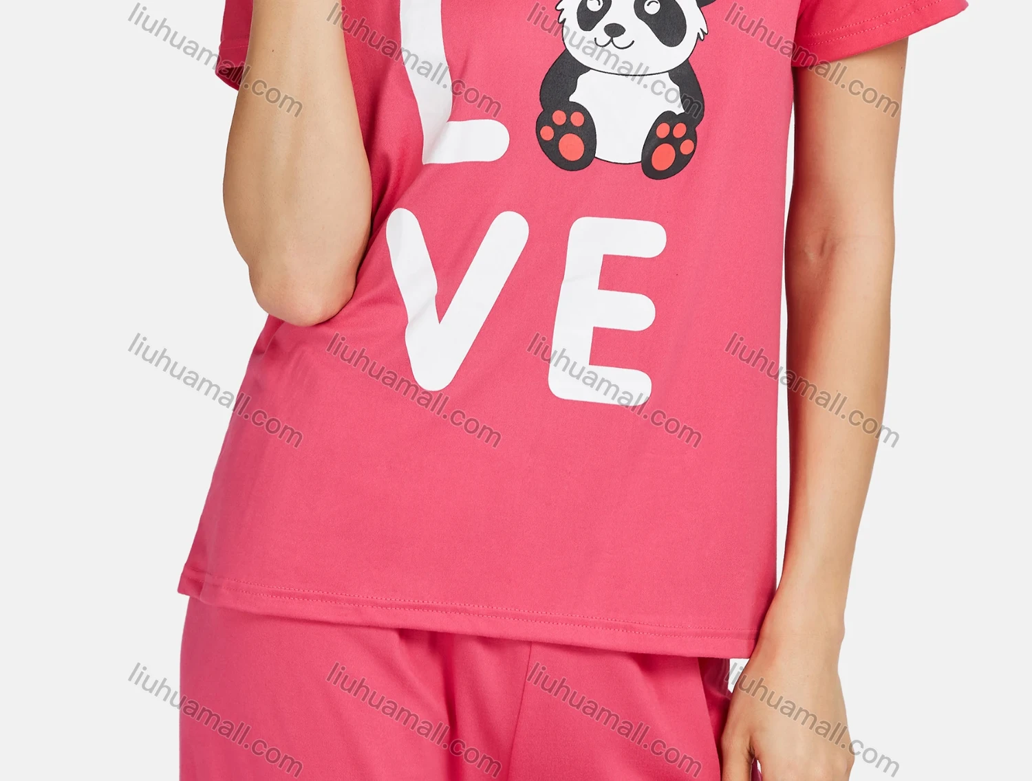 Wholesale Women's Lounge Comfy Short Sleeve Letter Panda Graphic T-shirt & Pant Pajama Sets - Liuhuamall