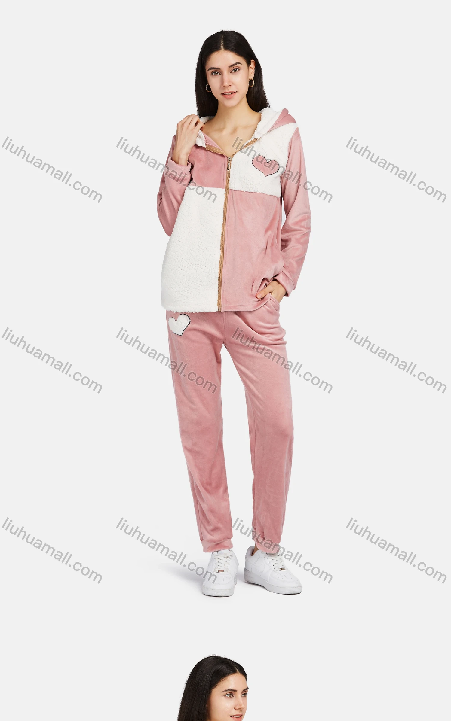 Wholesale Women's Soft Long Sleeve Heart Print Patchwork Hooded Jacket & Patch Pocket Pant 2 Piece Pajamas Sets - Liuhuamall