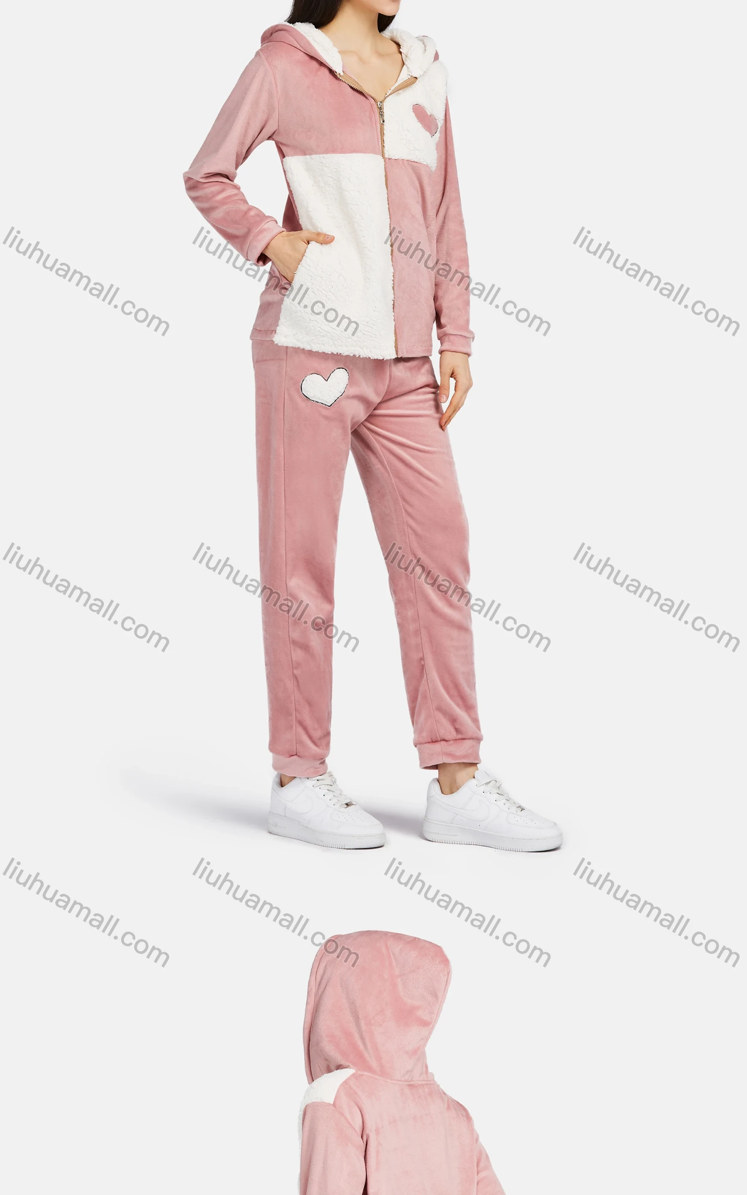 Wholesale Women's Soft Long Sleeve Heart Print Patchwork Hooded Jacket & Patch Pocket Pant 2 Piece Pajamas Sets - Liuhuamall