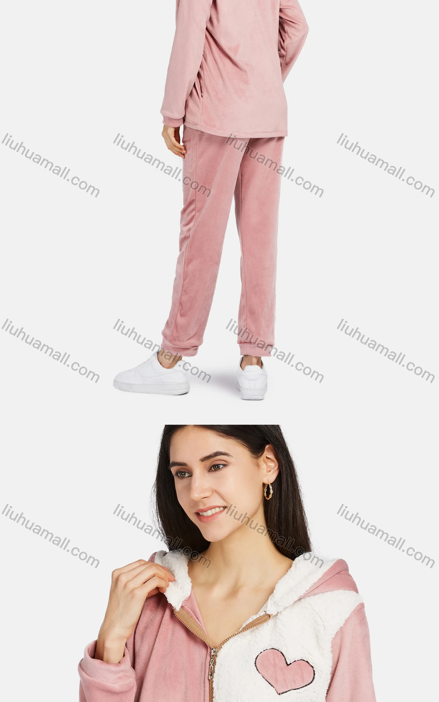 Wholesale Women's Soft Long Sleeve Heart Print Patchwork Hooded Jacket & Patch Pocket Pant 2 Piece Pajamas Sets - Liuhuamall