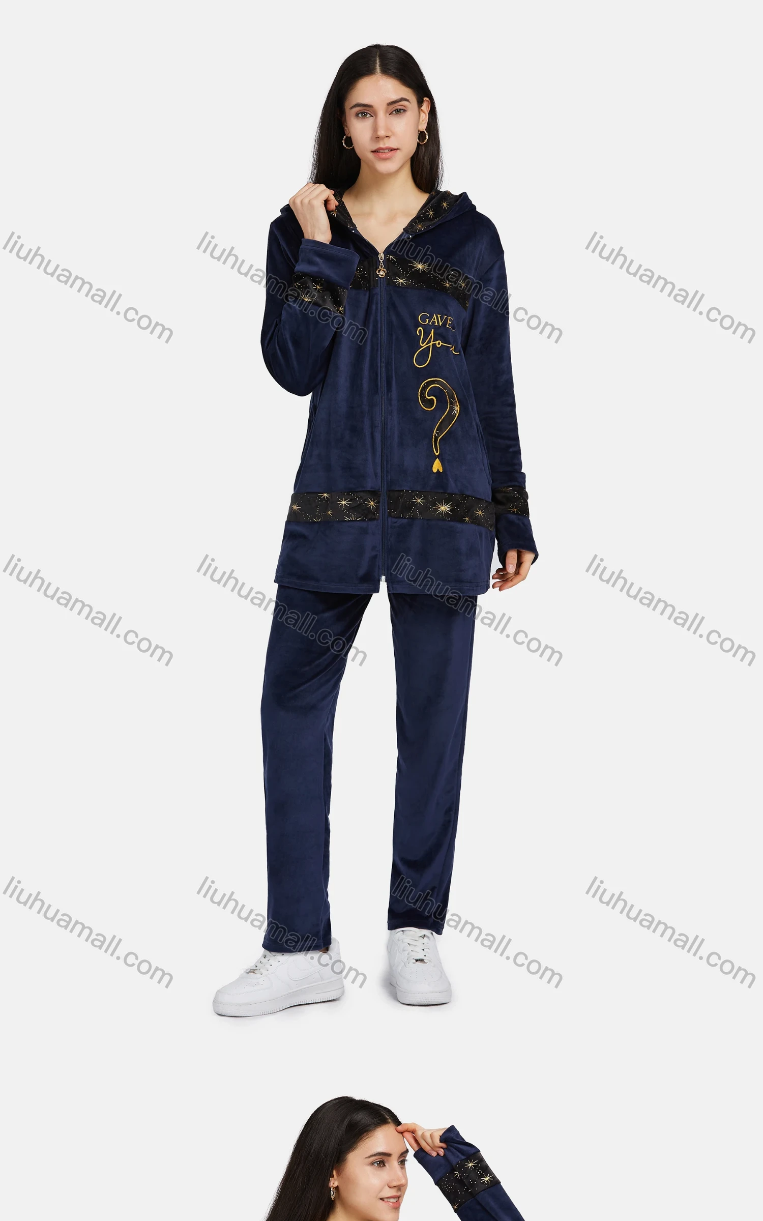 Wholesale Women's Lounge Long Sleeve Letter Embroidery Zipper Hooded Jacket & Pant 2 Piece Pajamas Sets - Liuhuamall