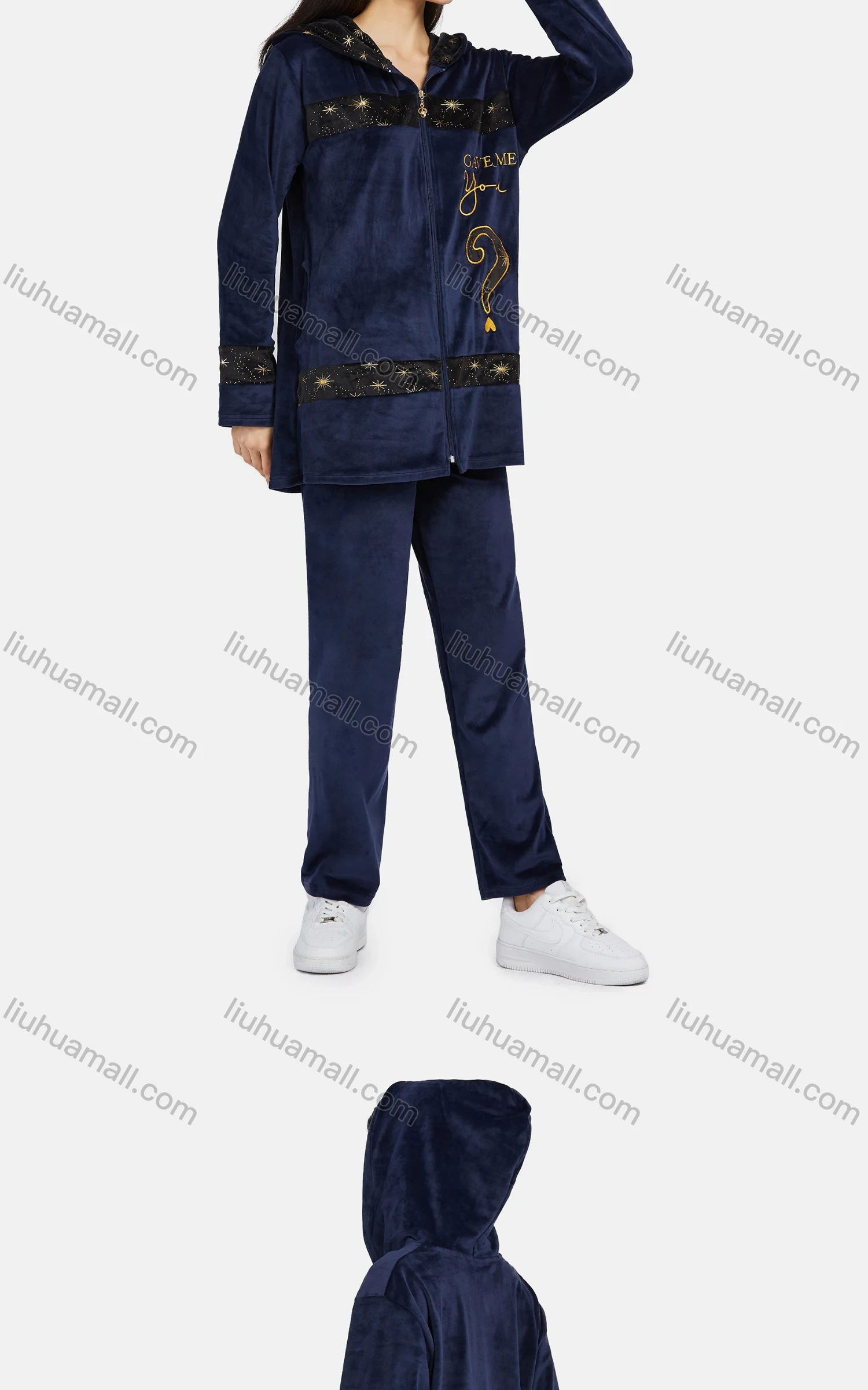 Wholesale Women's Lounge Long Sleeve Letter Embroidery Zipper Hooded Jacket & Pant 2 Piece Pajamas Sets - Liuhuamall