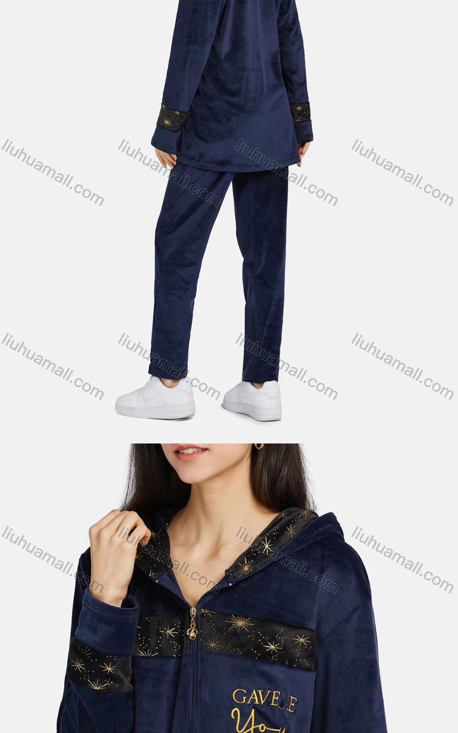 Wholesale Women's Lounge Long Sleeve Letter Embroidery Zipper Hooded Jacket & Pant 2 Piece Pajamas Sets - Liuhuamall