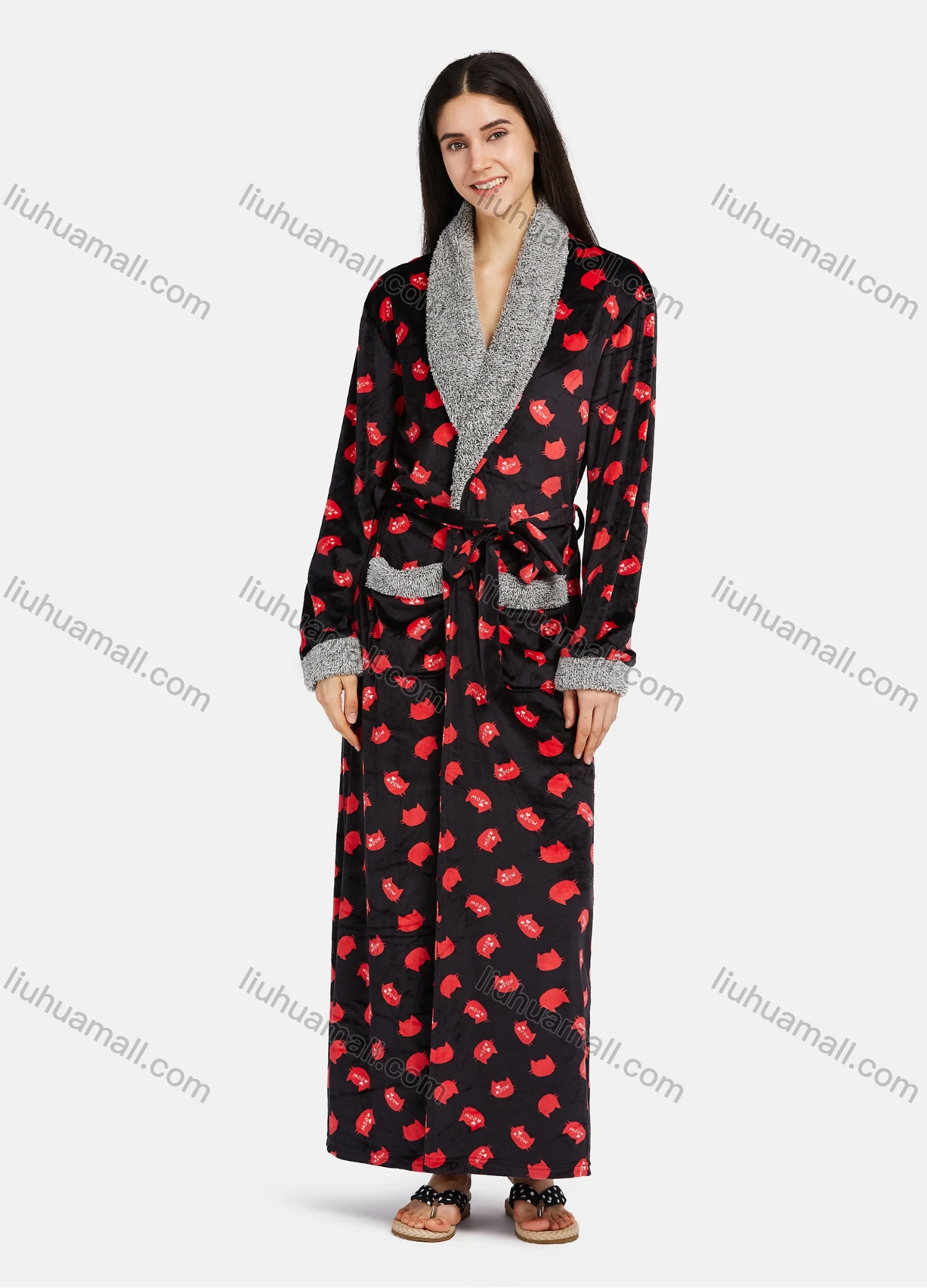 Wholesale Women's Comfy Lapel Long Sleeve Wrap Patch Pocket Allover Print Fuzzy Trim Maxi Nightgown With Tie Belt - Liuhuamall