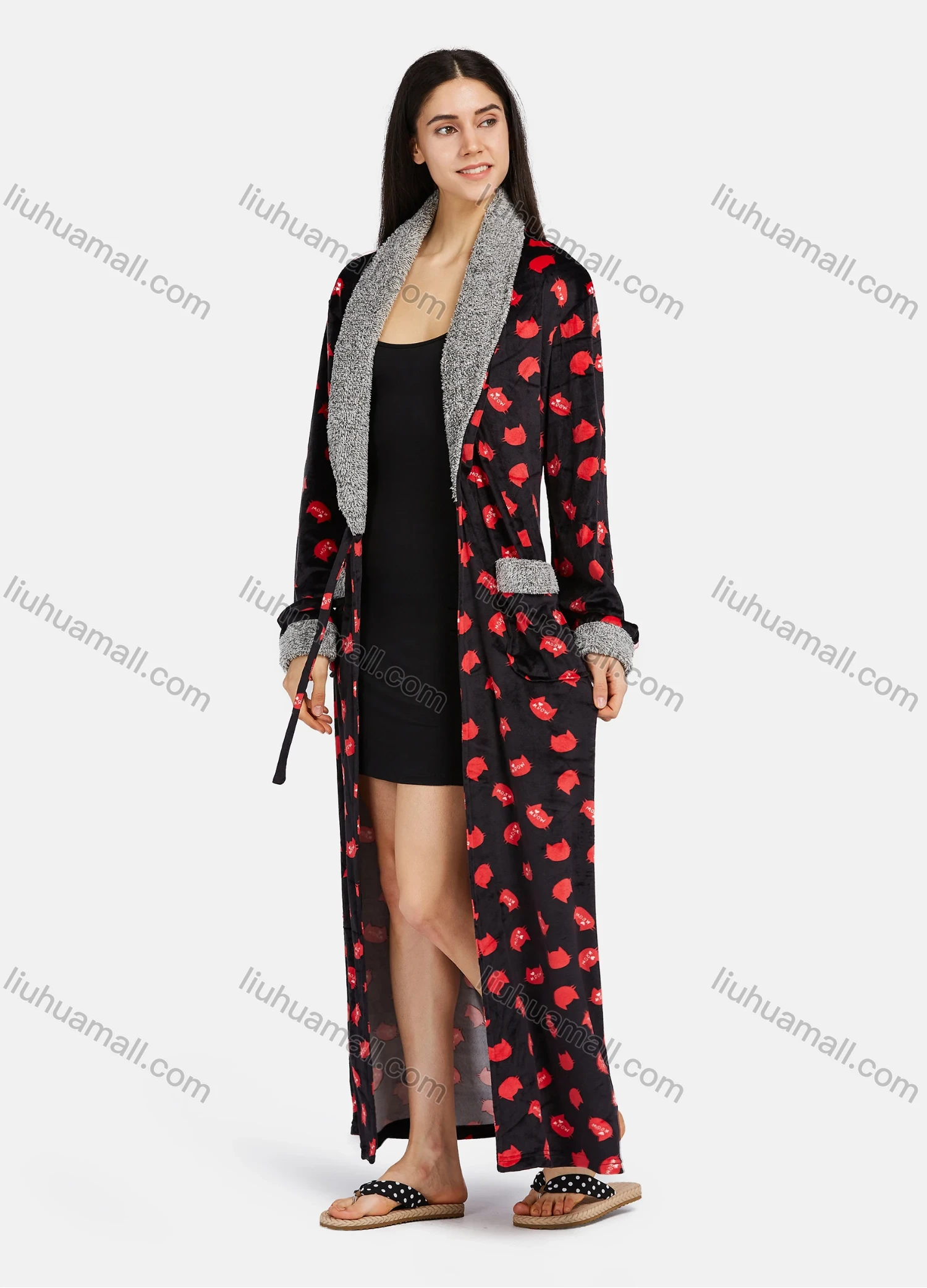 Wholesale Women's Comfy Lapel Long Sleeve Wrap Patch Pocket Allover Print Fuzzy Trim Maxi Nightgown With Tie Belt - Liuhuamall