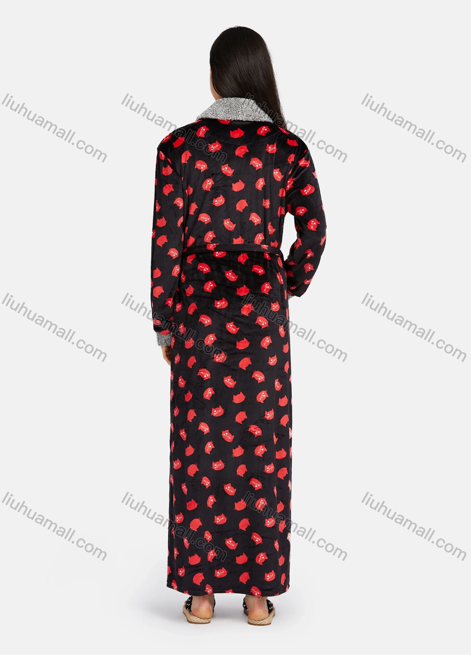 Wholesale Women's Comfy Lapel Long Sleeve Wrap Patch Pocket Allover Print Fuzzy Trim Maxi Nightgown With Tie Belt - Liuhuamall