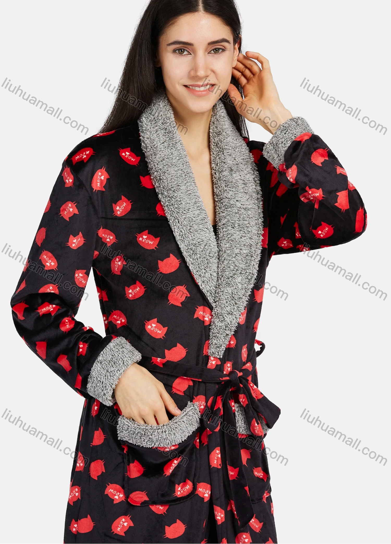 Wholesale Women's Comfy Lapel Long Sleeve Wrap Patch Pocket Allover Print Fuzzy Trim Maxi Nightgown With Tie Belt - Liuhuamall