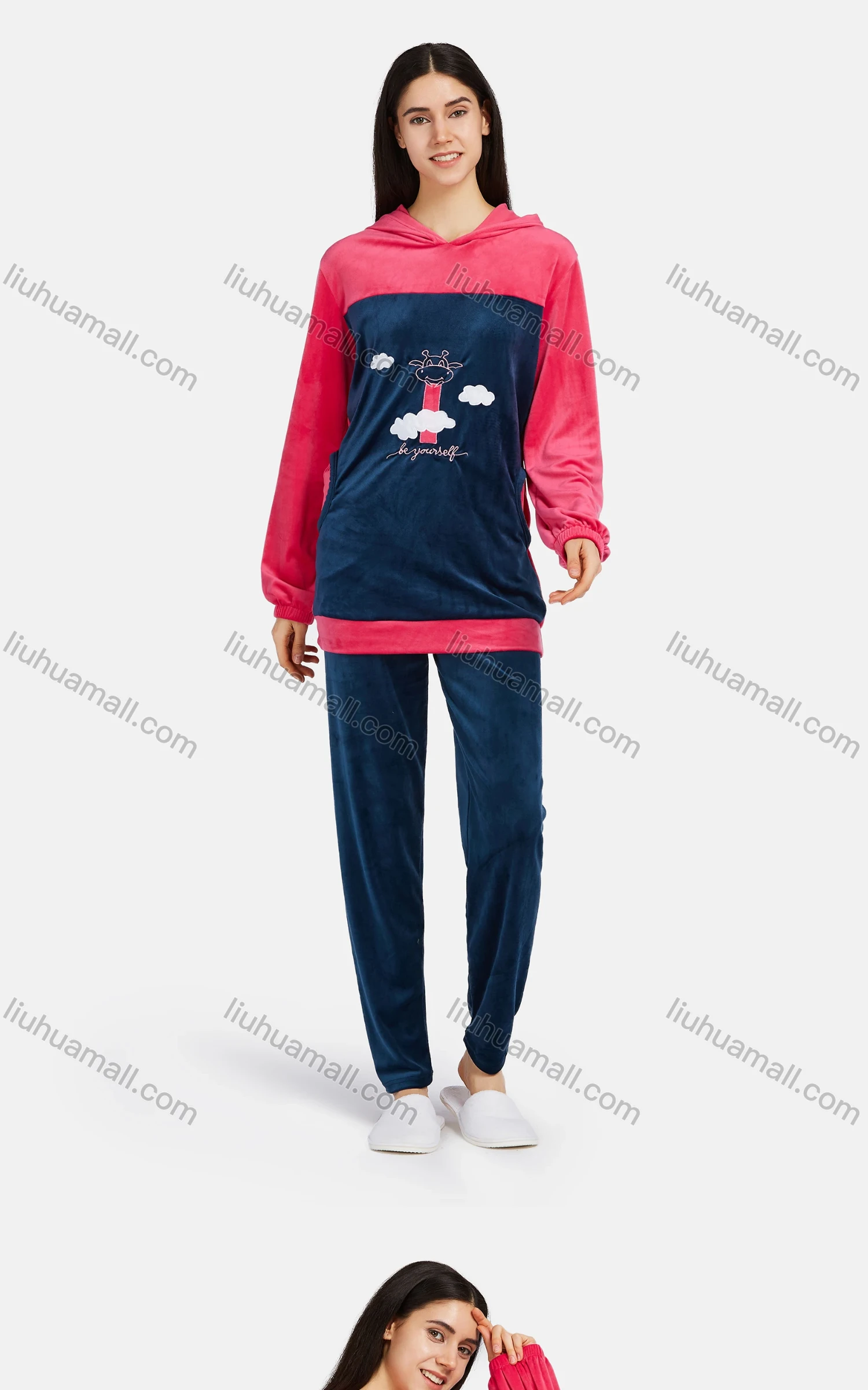 Wholesale Women's Casual Lounge Long Sleeve Embroidery Cartoon Pattern Colorblock Patch Pocket Hoodies & Pants Sets - Liuhuamall