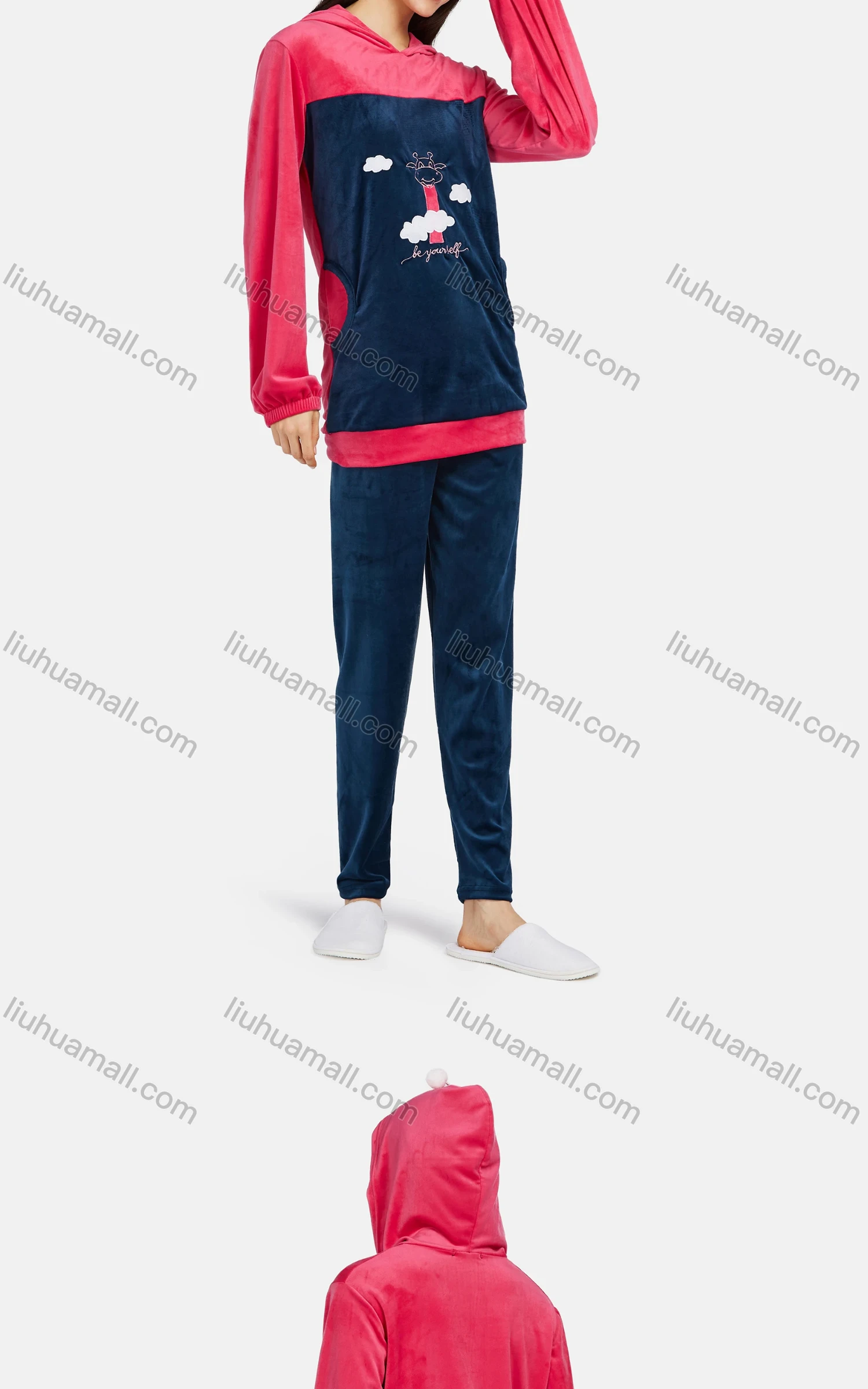 Wholesale Women's Casual Lounge Long Sleeve Embroidery Cartoon Pattern Colorblock Patch Pocket Hoodies & Pants Sets - Liuhuamall