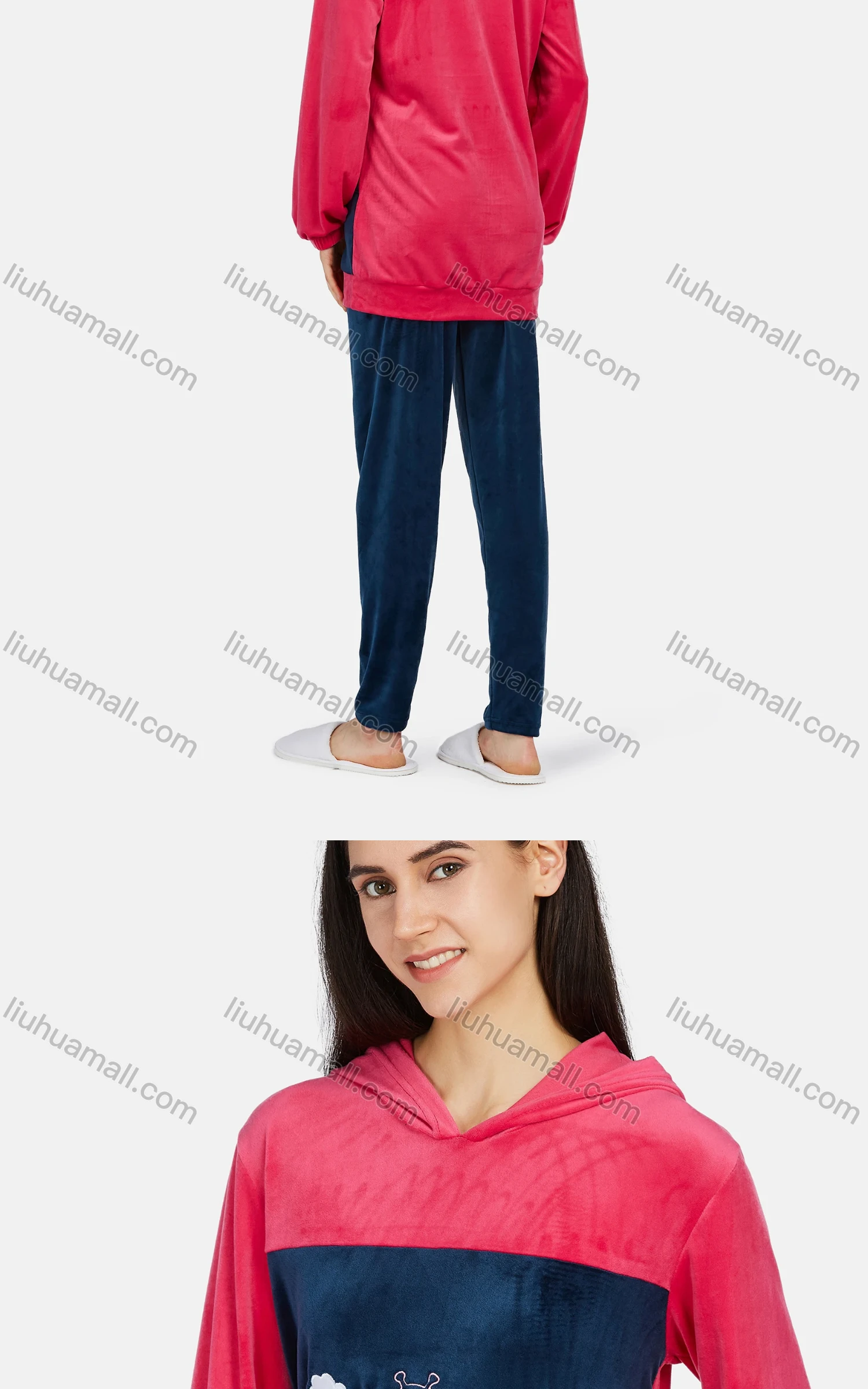 Wholesale Women's Casual Lounge Long Sleeve Embroidery Cartoon Pattern Colorblock Patch Pocket Hoodies & Pants Sets - Liuhuamall