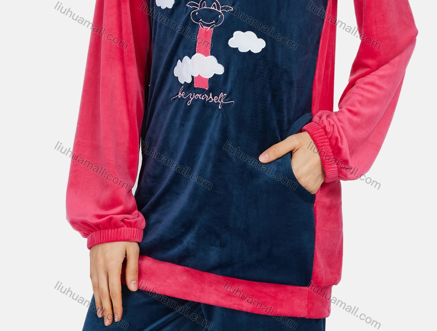 Wholesale Women's Casual Lounge Long Sleeve Embroidery Cartoon Pattern Colorblock Patch Pocket Hoodies & Pants Sets - Liuhuamall