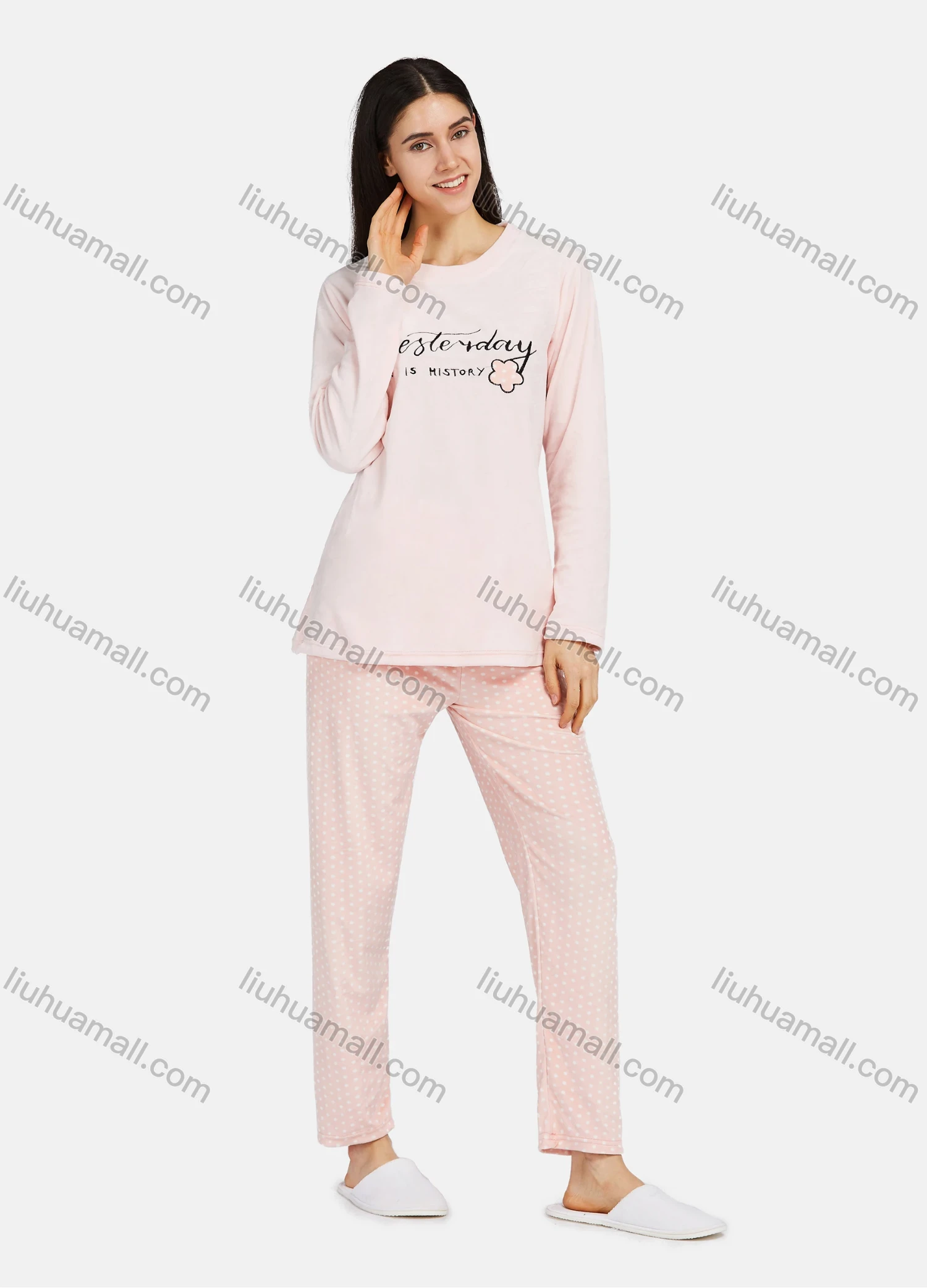 Wholesale Women's Lounge Soft Long Sleeve Letter Pattern Tops & Pin Dot Print Pant Pajama Sets - Liuhuamall