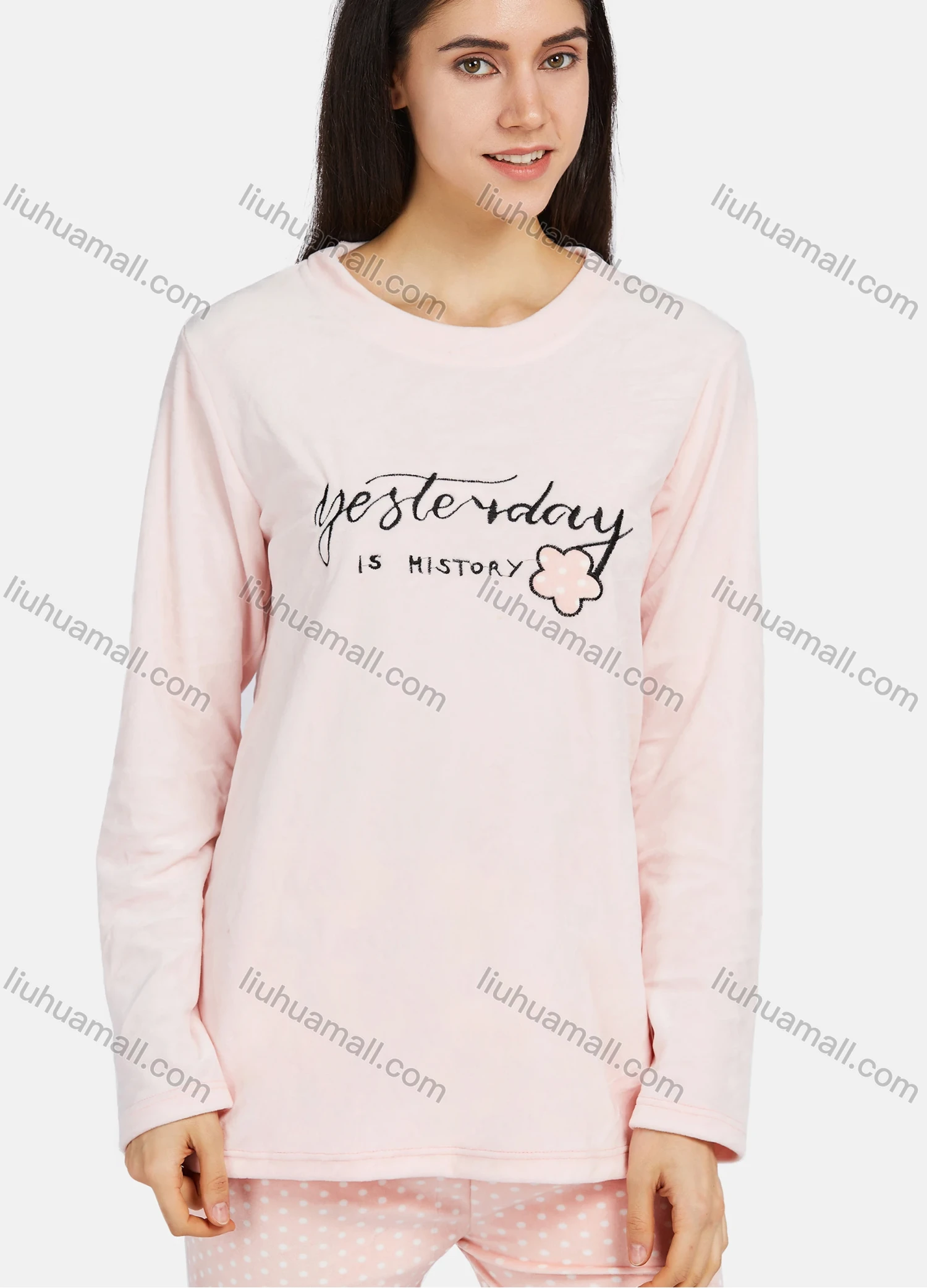 Wholesale Women's Lounge Soft Long Sleeve Letter Pattern Tops & Pin Dot Print Pant Pajama Sets - Liuhuamall
