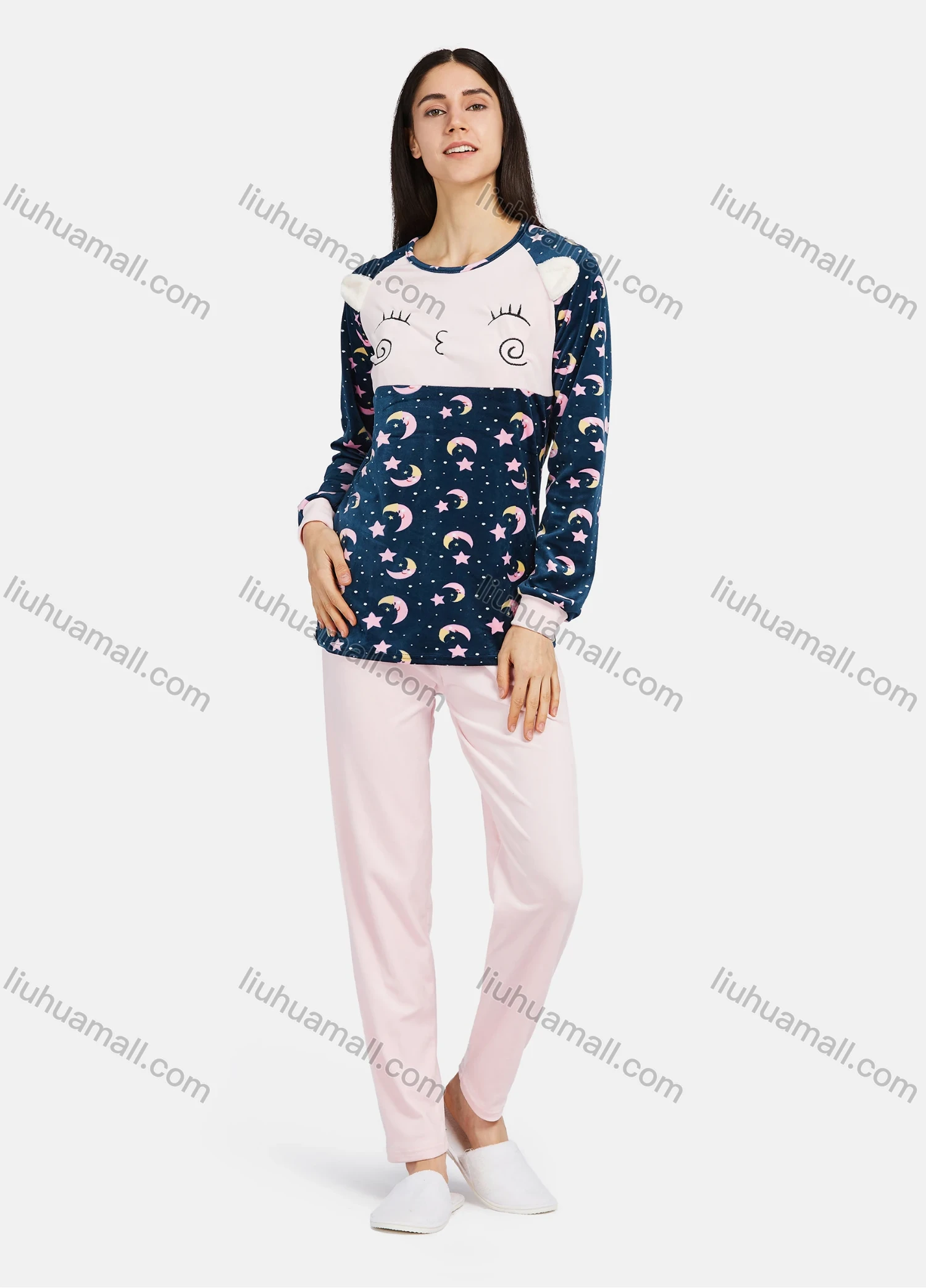 Wholesale Women's Comfy Lounge Long Sleeve Cartoon Star Pattern Top & Pant Pajama Sets - Liuhuamall
