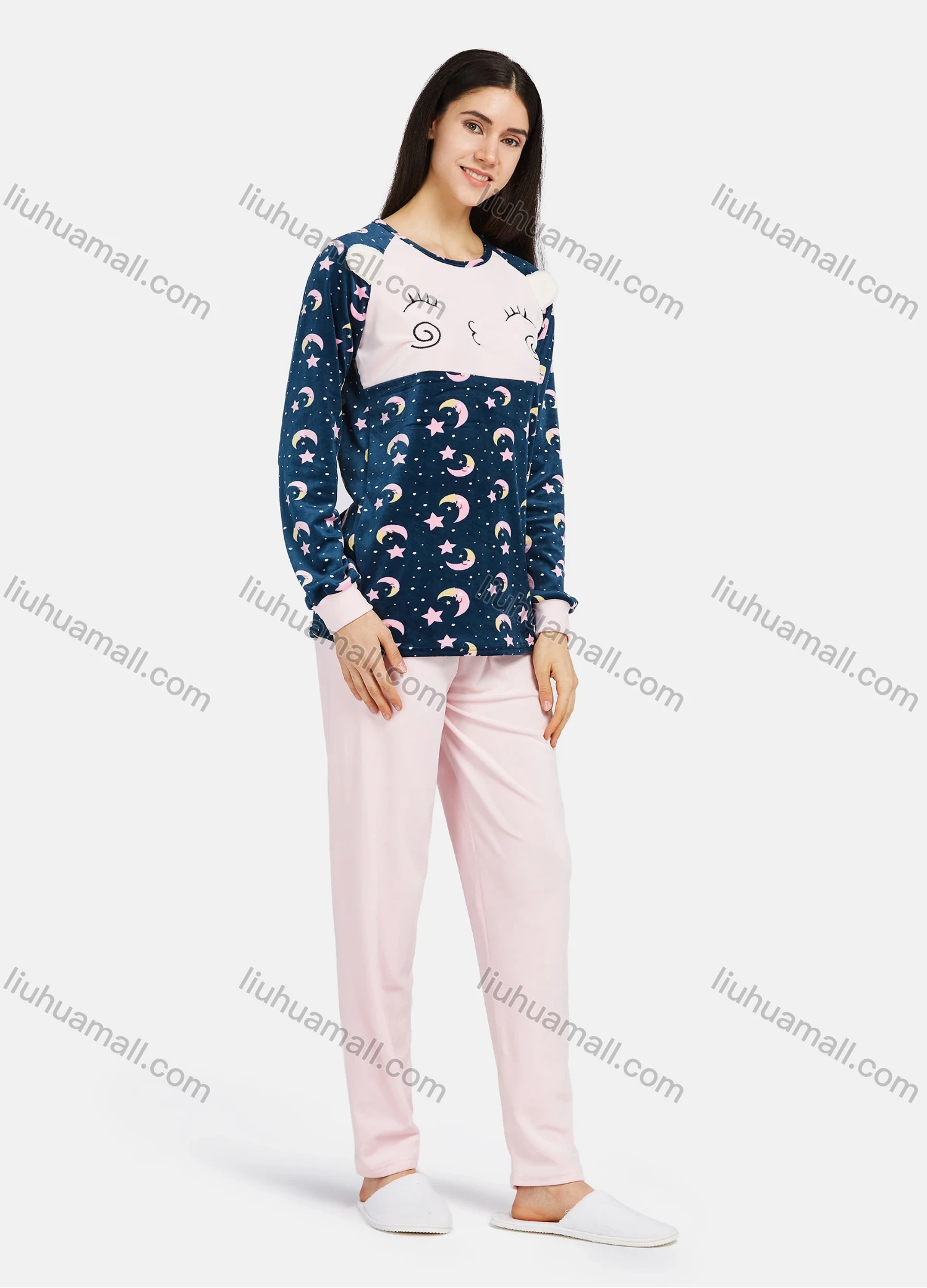 Wholesale Women's Comfy Lounge Long Sleeve Cartoon Star Pattern Top & Pant Pajama Sets - Liuhuamall